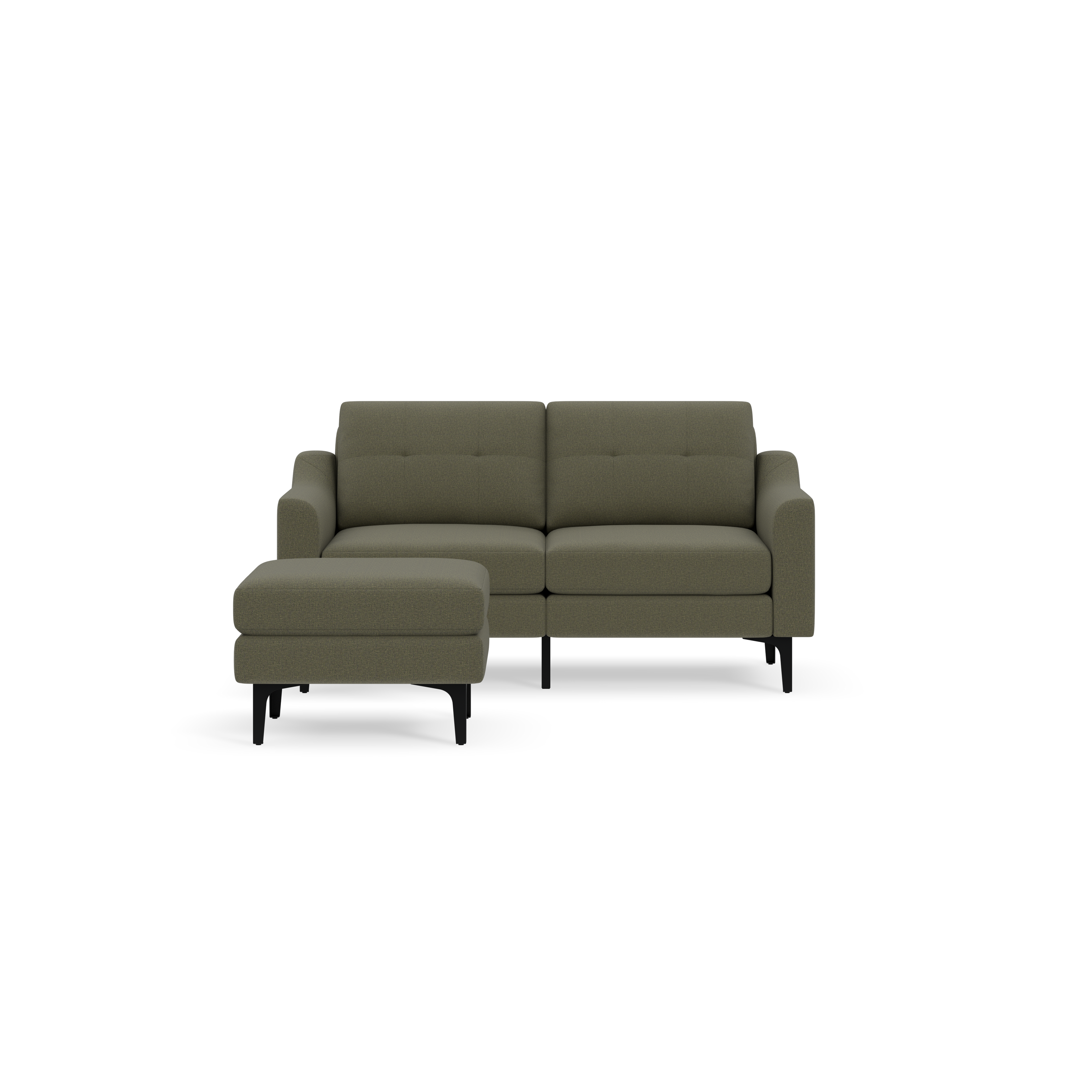 Modern Moss green L-shaped sofa with tufted cushions and black legs, featuring a chaise lounge on the left side.