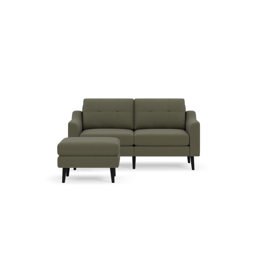 Modern Moss green two-seater sofa with matching ottoman, featuring tufted cushions and black wooden legs on a black background.