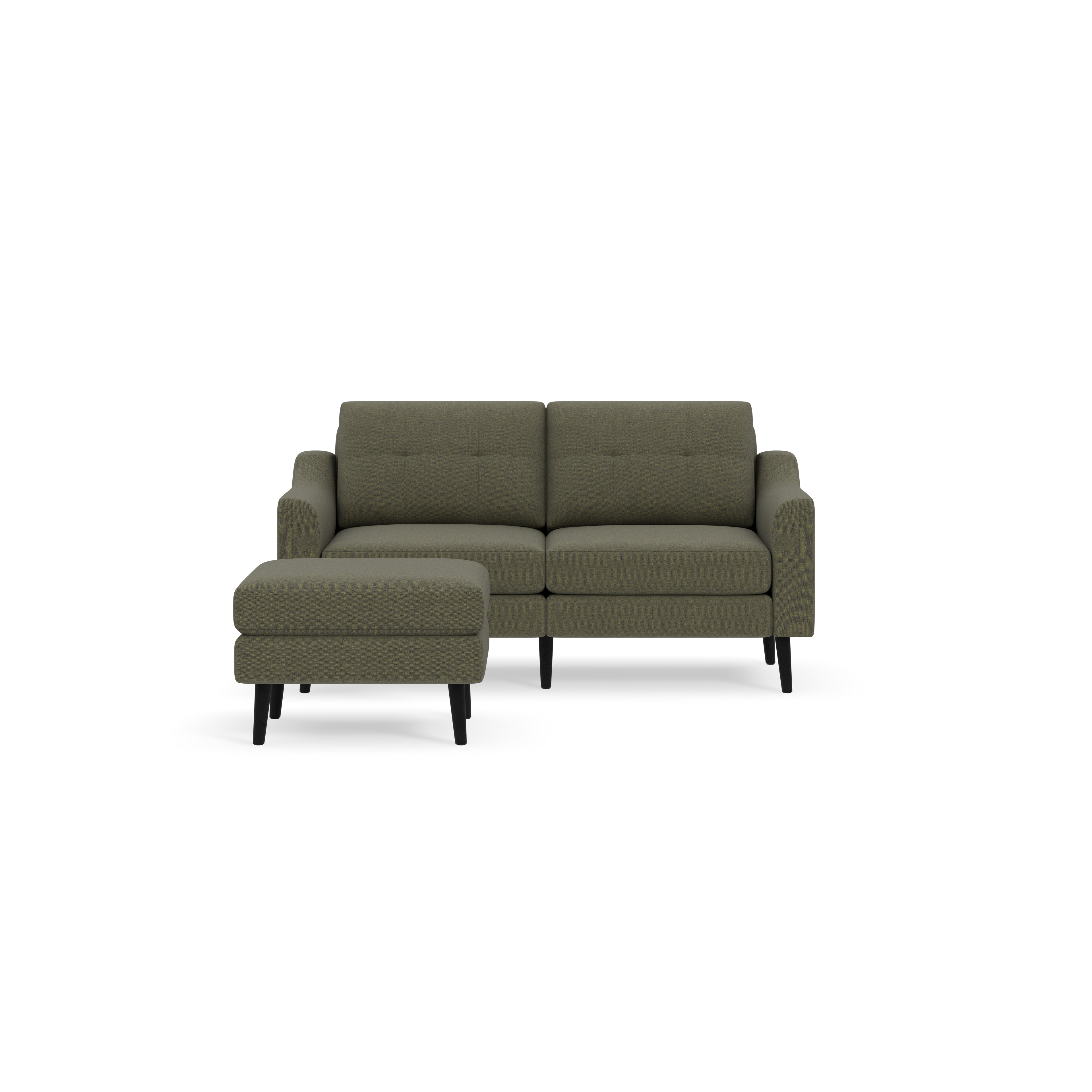 Modern Moss green two-seater sofa with matching ottoman, featuring tufted cushions and black wooden legs on a black background.