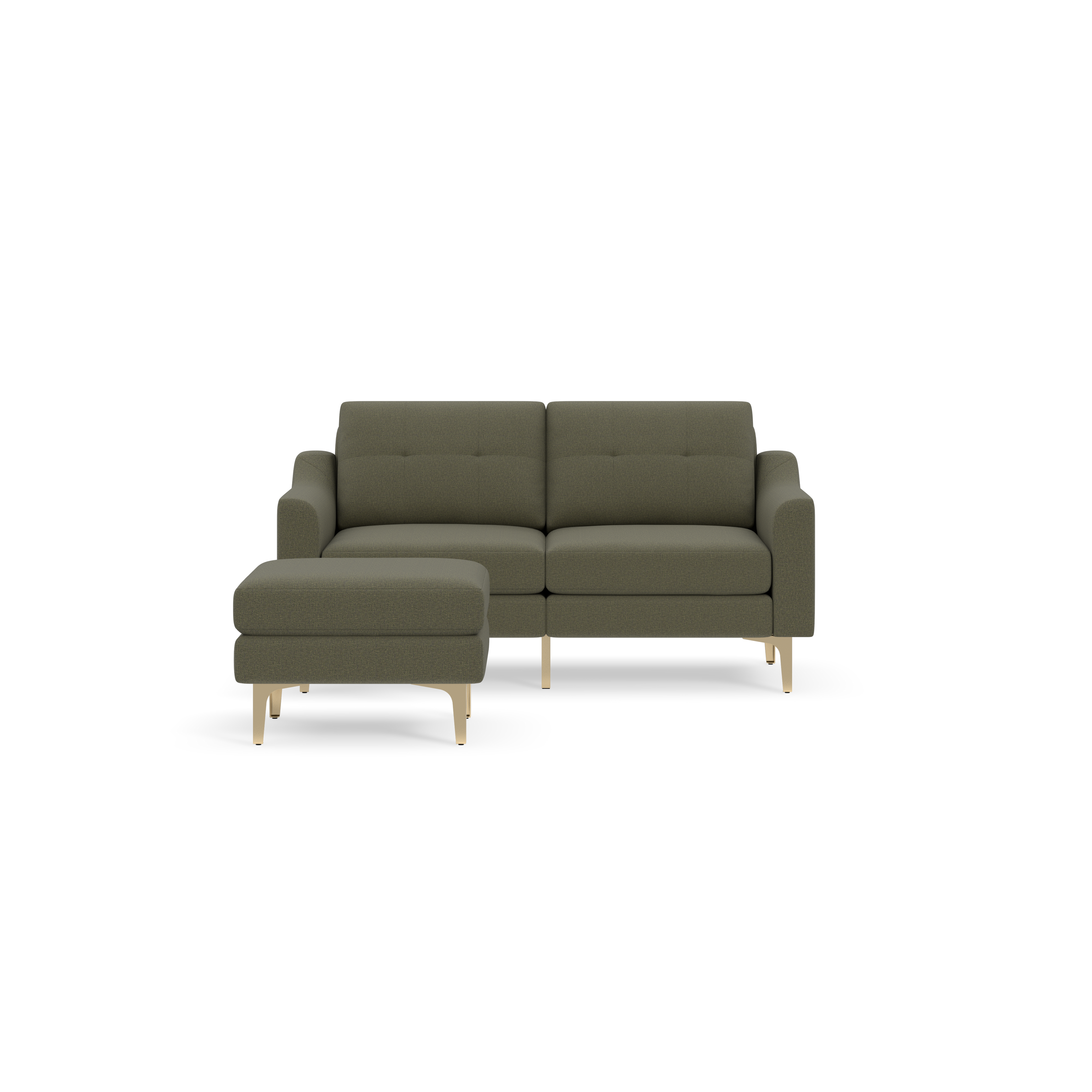 Modern Moss green fabric loveseat with matching ottoman and light wooden legs, shown on a black background.