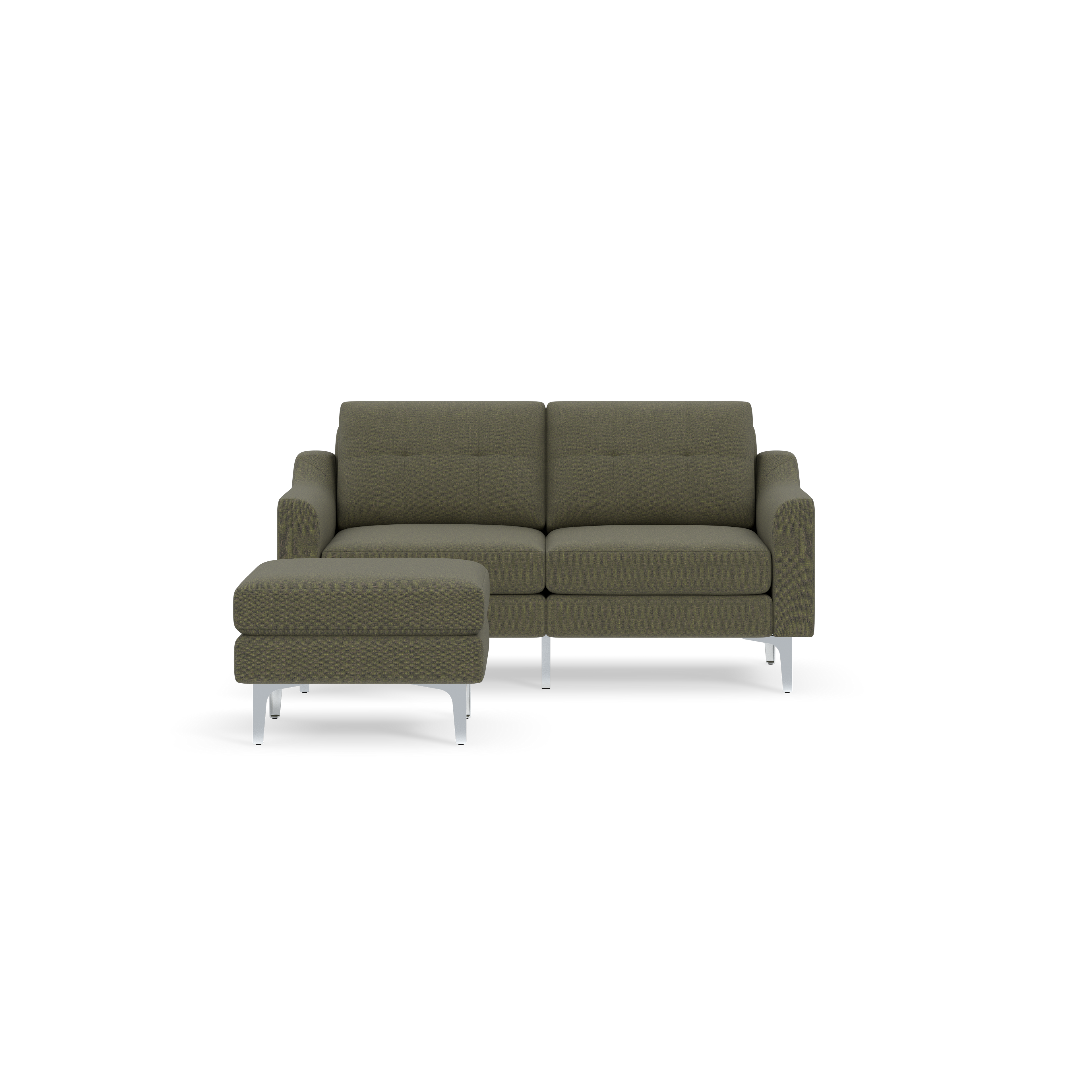 Modern Moss green fabric sectional sofa with metal legs and matching ottoman on the left side, isolated on black background.
