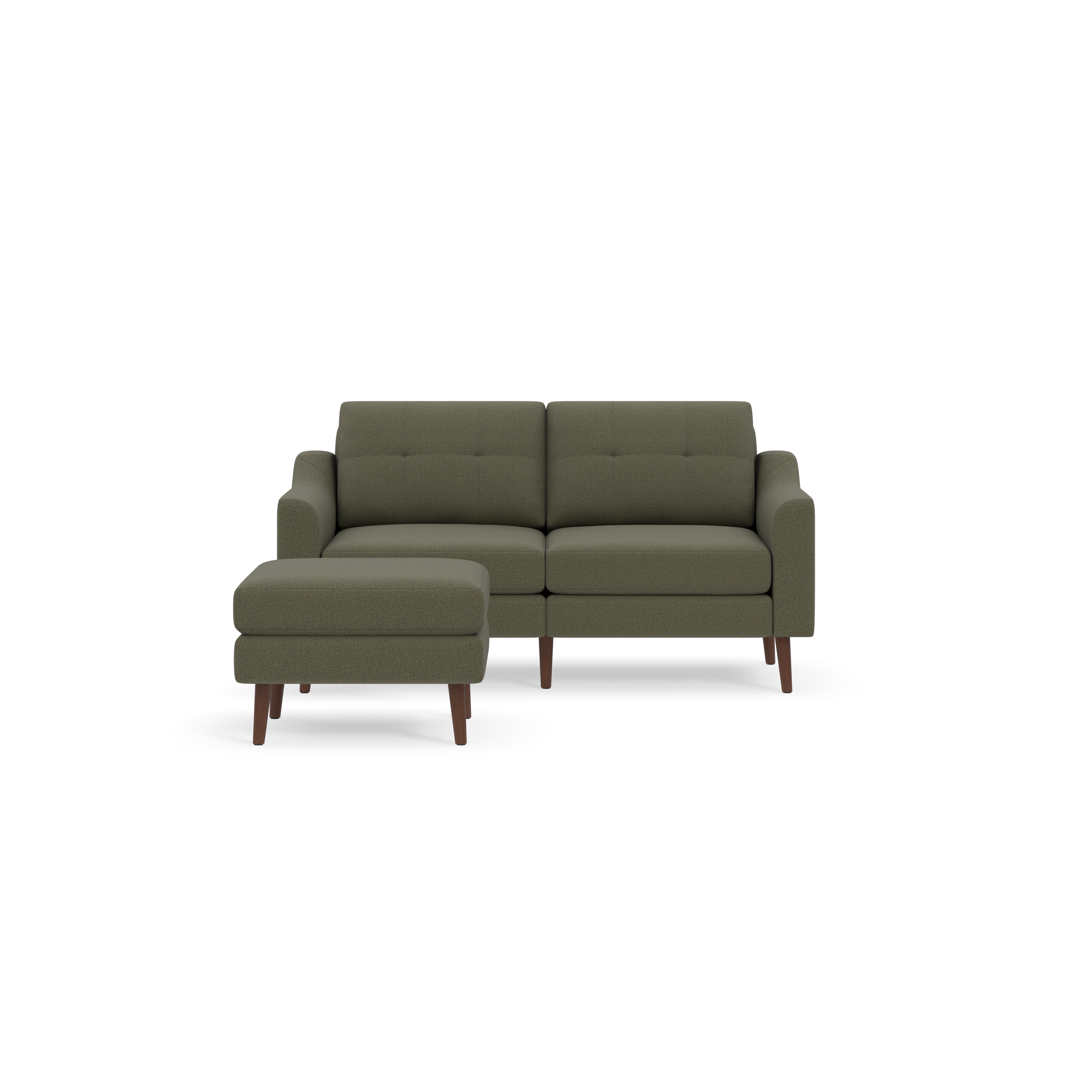 Modern Moss green fabric loveseat sofa with wooden legs and matching ottoman on black background.