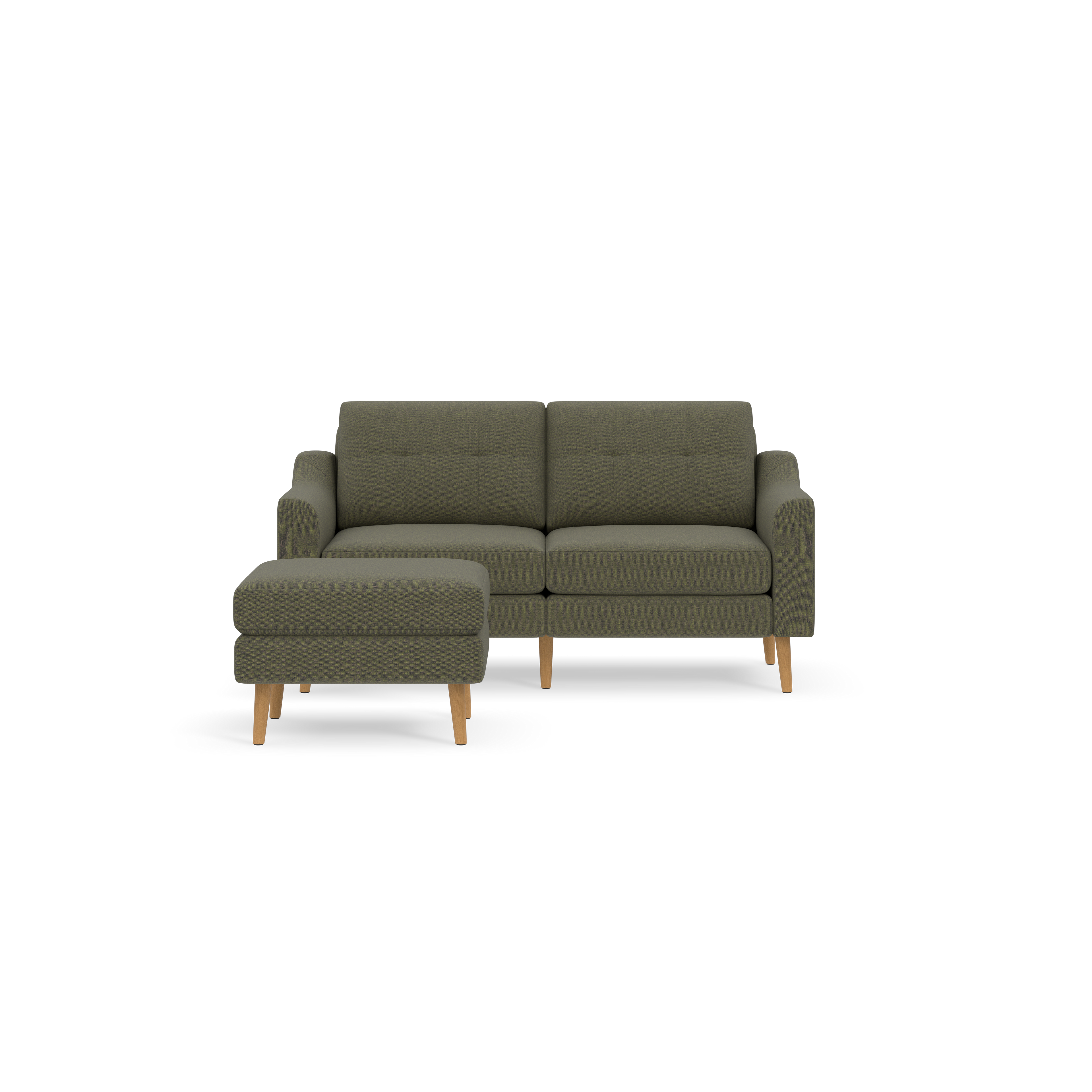 Moss green two-seater sofa with matching ottoman, wooden legs, and tufted back cushions, modern minimalist design.