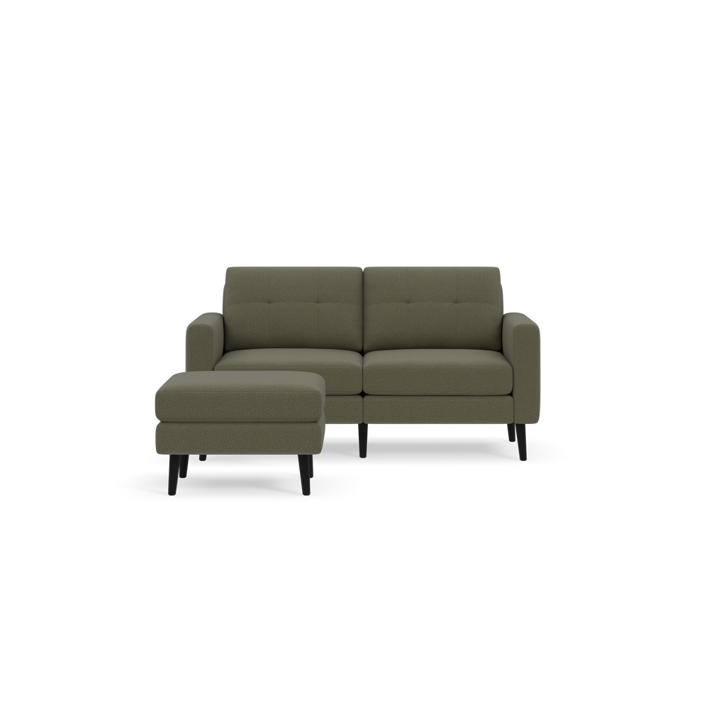 Modern Moss green two-seater sofa with matching ottoman, featuring tufted cushions and black wooden legs.