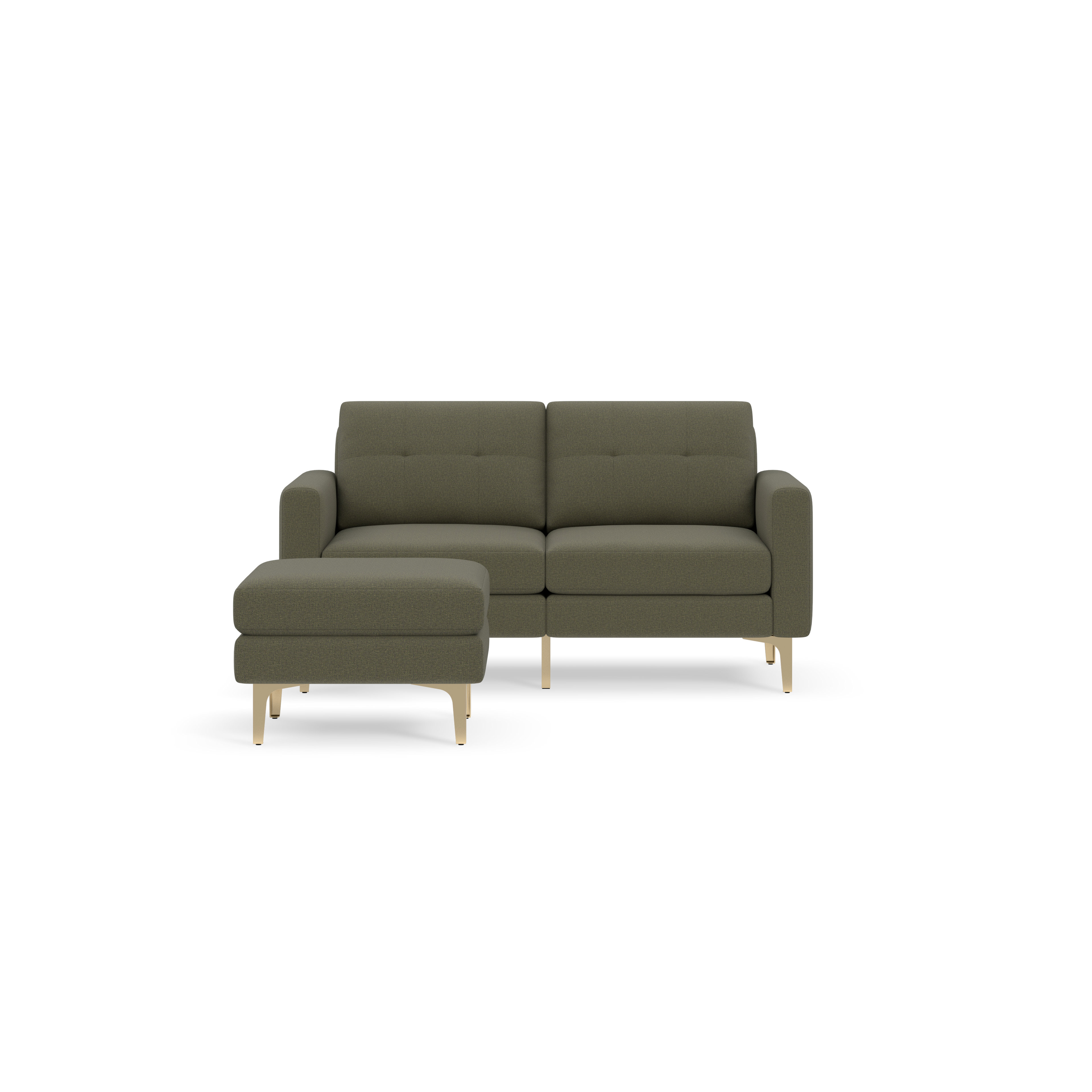 Modern Moss green two-seater sofa with matching ottoman, featuring tufted cushions and light wooden legs.