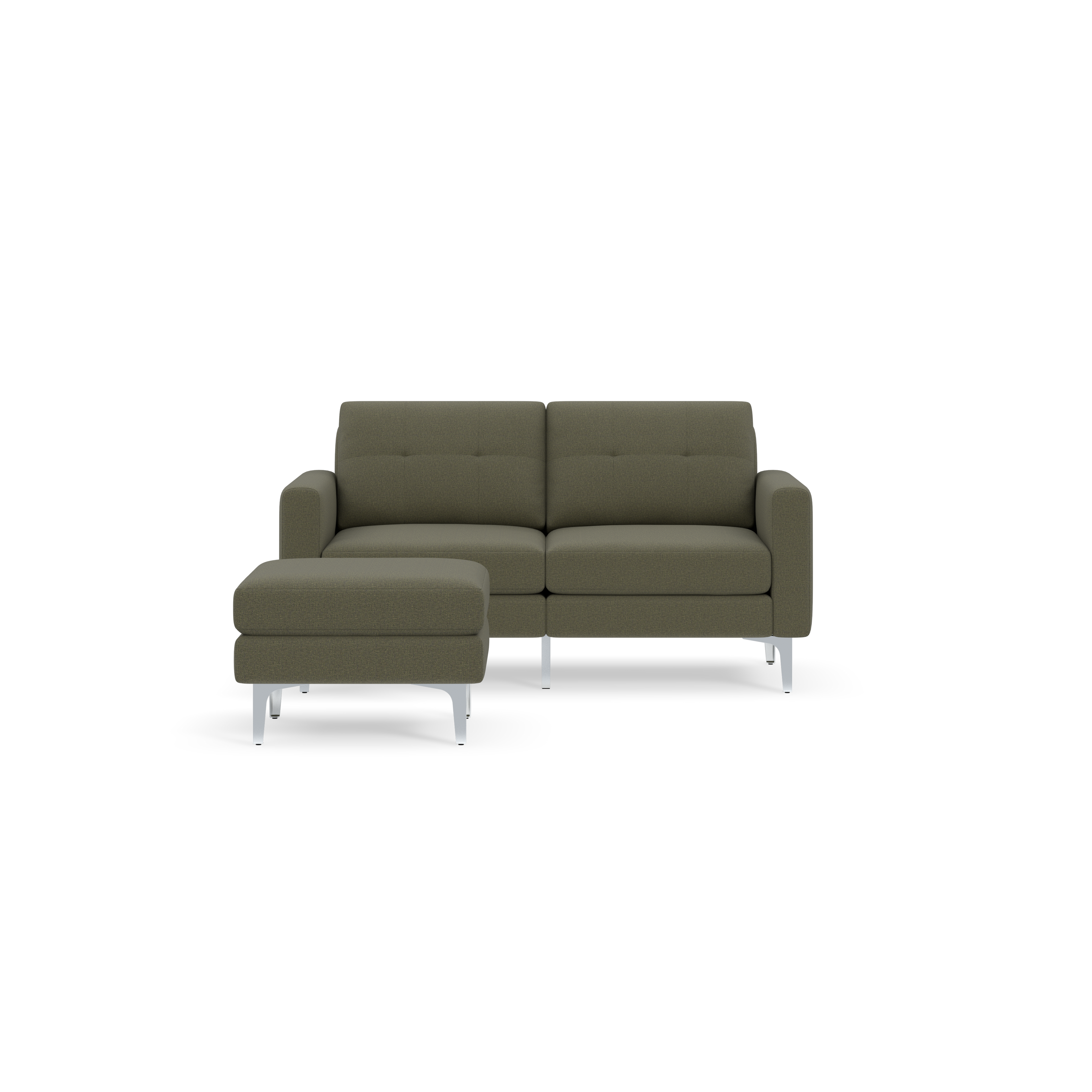 Moss green two-seater sofa with matching chaise lounge, featuring modern clean lines and silver metal legs on black background.