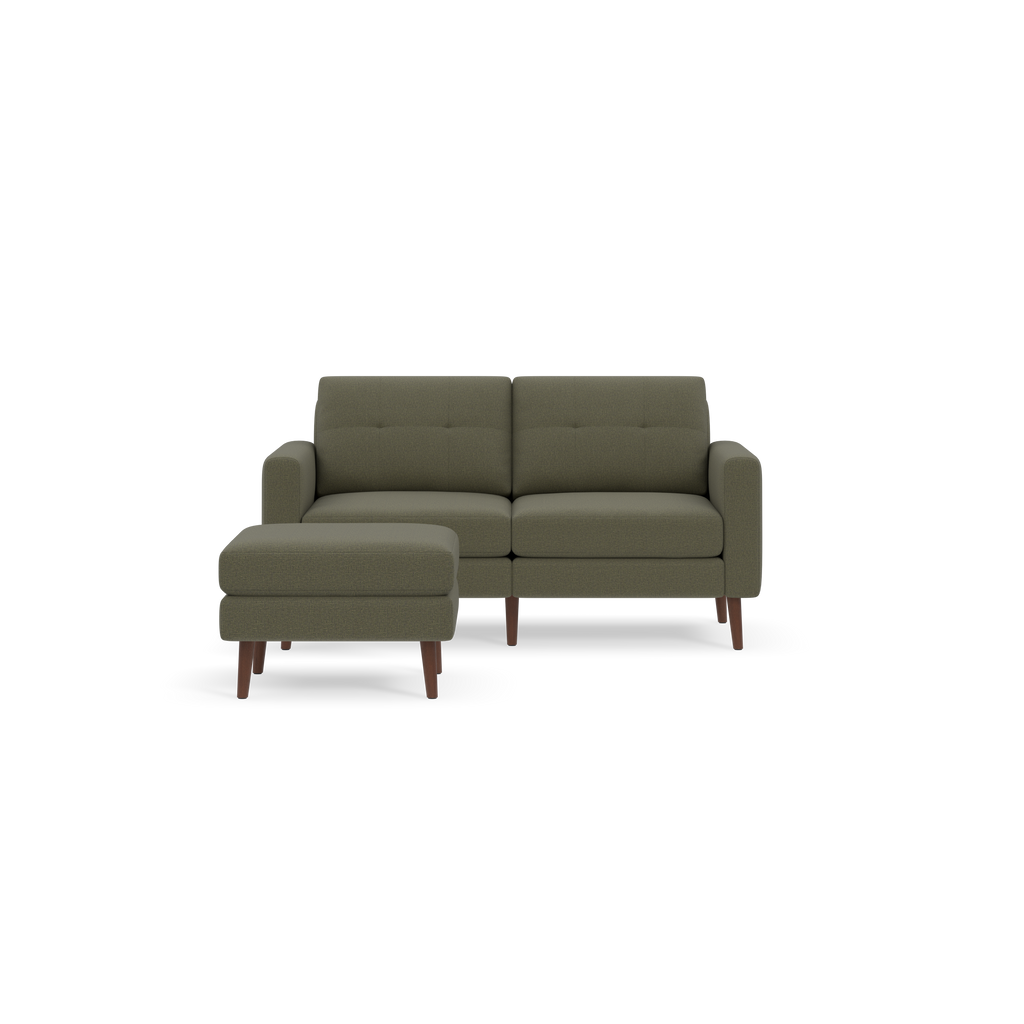 Modern olive-green upholstered loveseat with square armrests and matching ottoman, featuring wooden tapered legs.