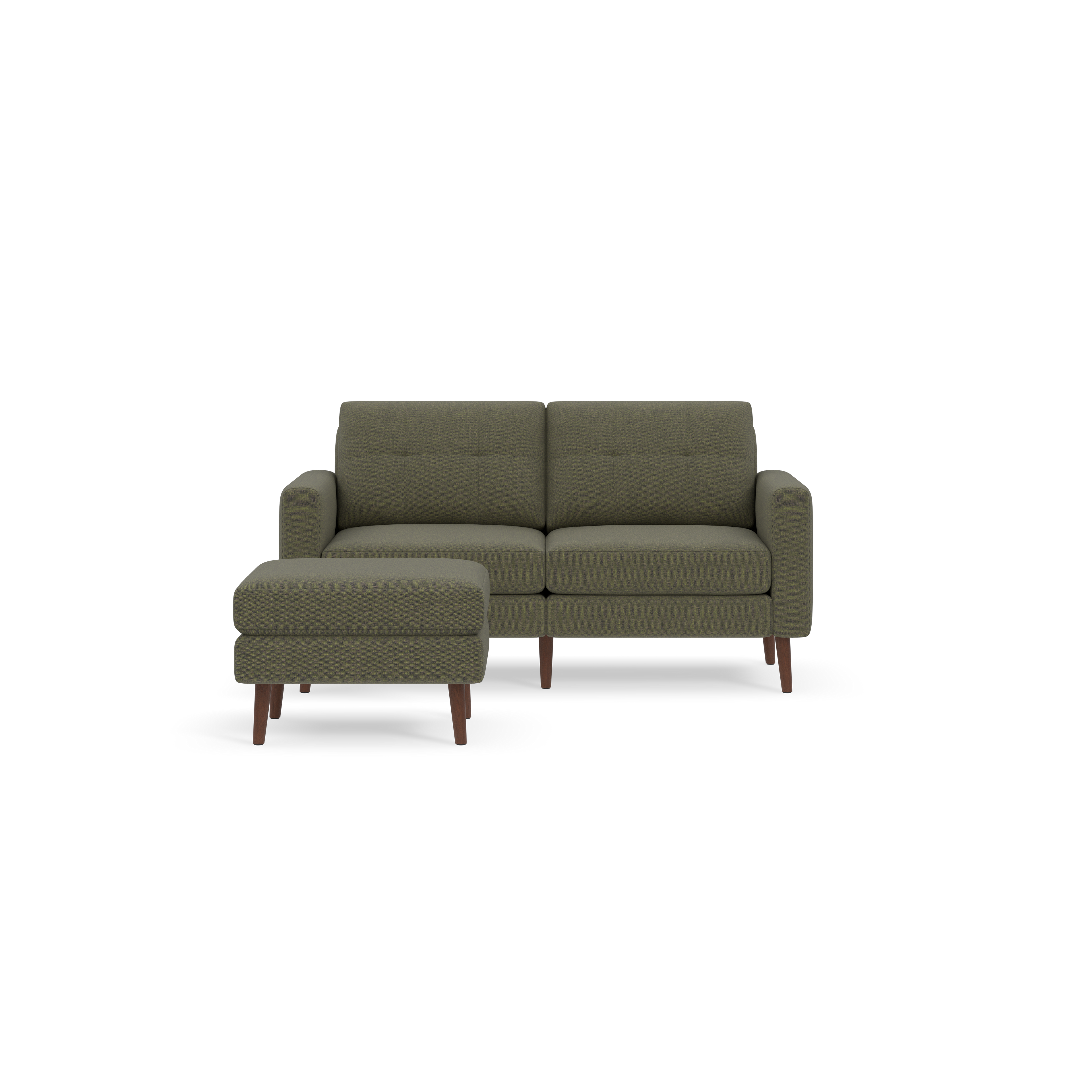 Modern olive-green upholstered loveseat with square armrests and matching ottoman, featuring wooden tapered legs.