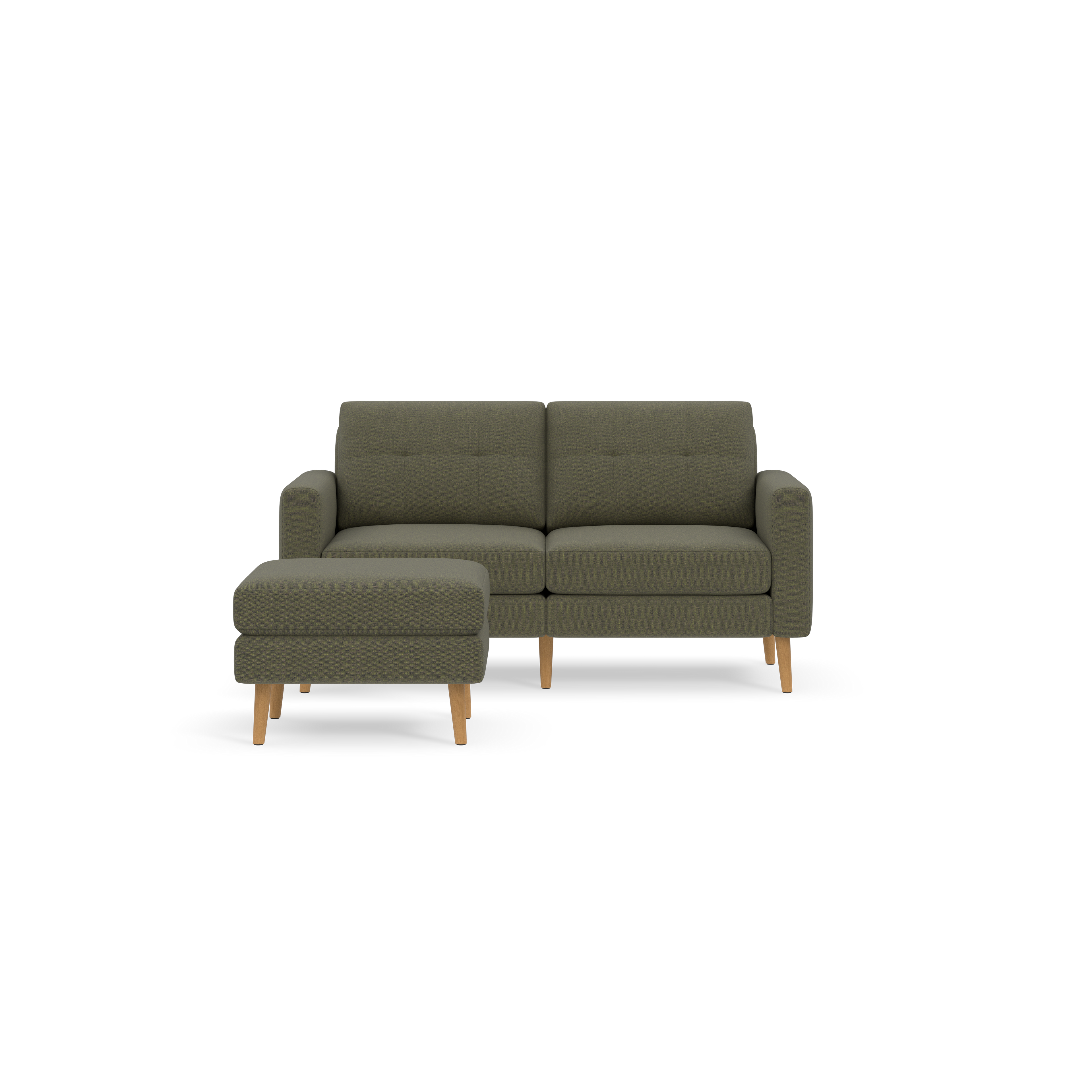 Modern Moss green fabric loveseat with tufted back cushions and a matching ottoman on wooden legs.