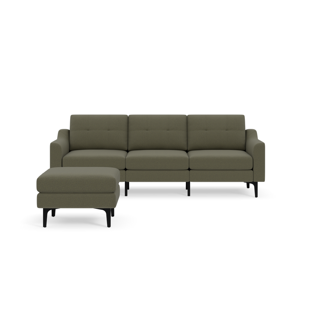 Modern Moss green sectional sofa with a matching ottoman, featuring tufted cushions and black metal legs.