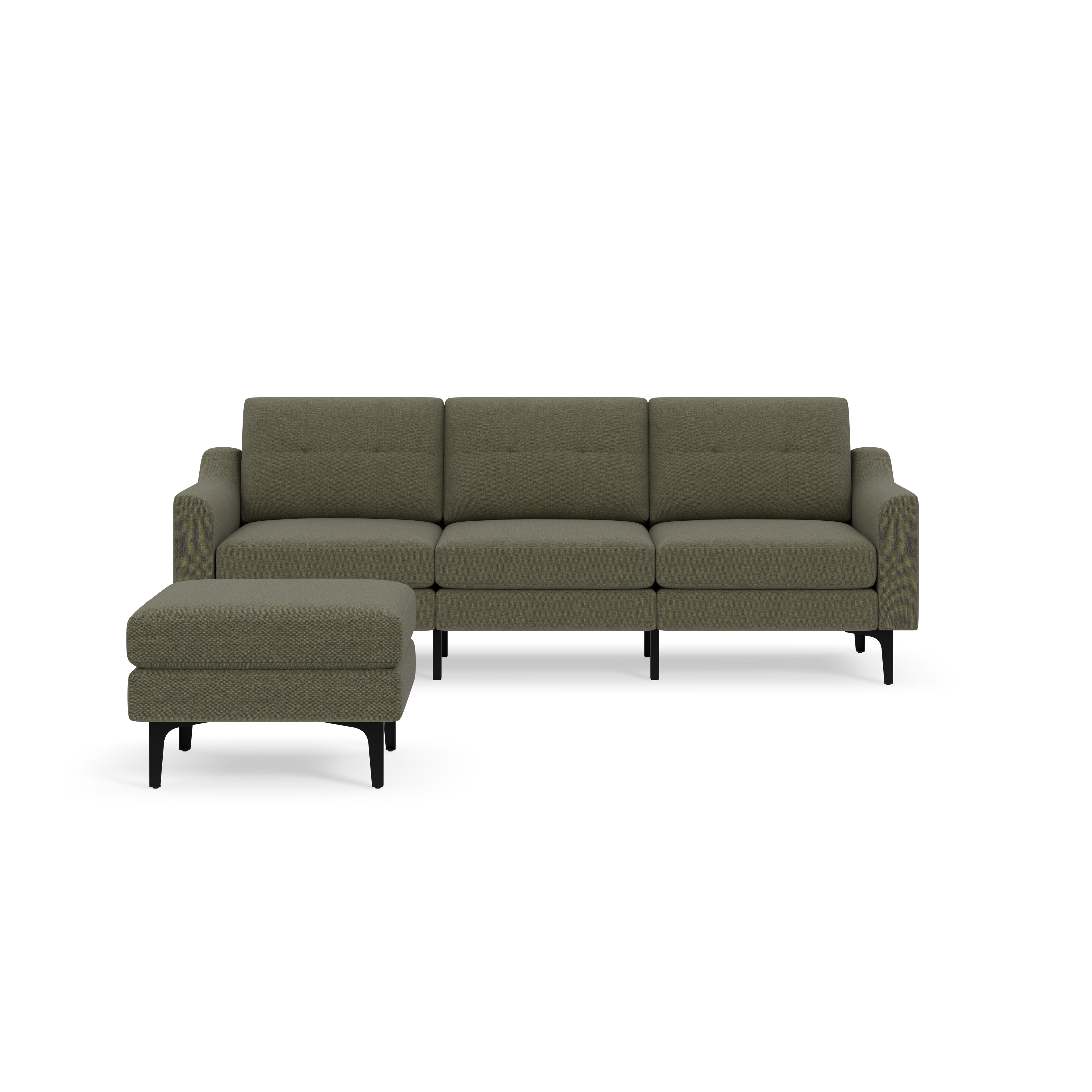 Modern Moss green sectional sofa with a matching ottoman, featuring tufted cushions and black metal legs.