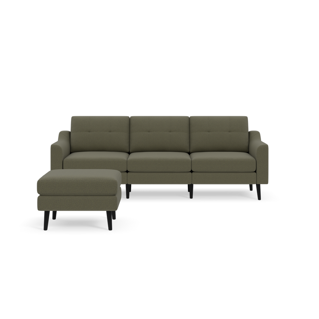 Modern Moss green sectional sofa with tufted back cushions and matching ottoman on black wooden legs.