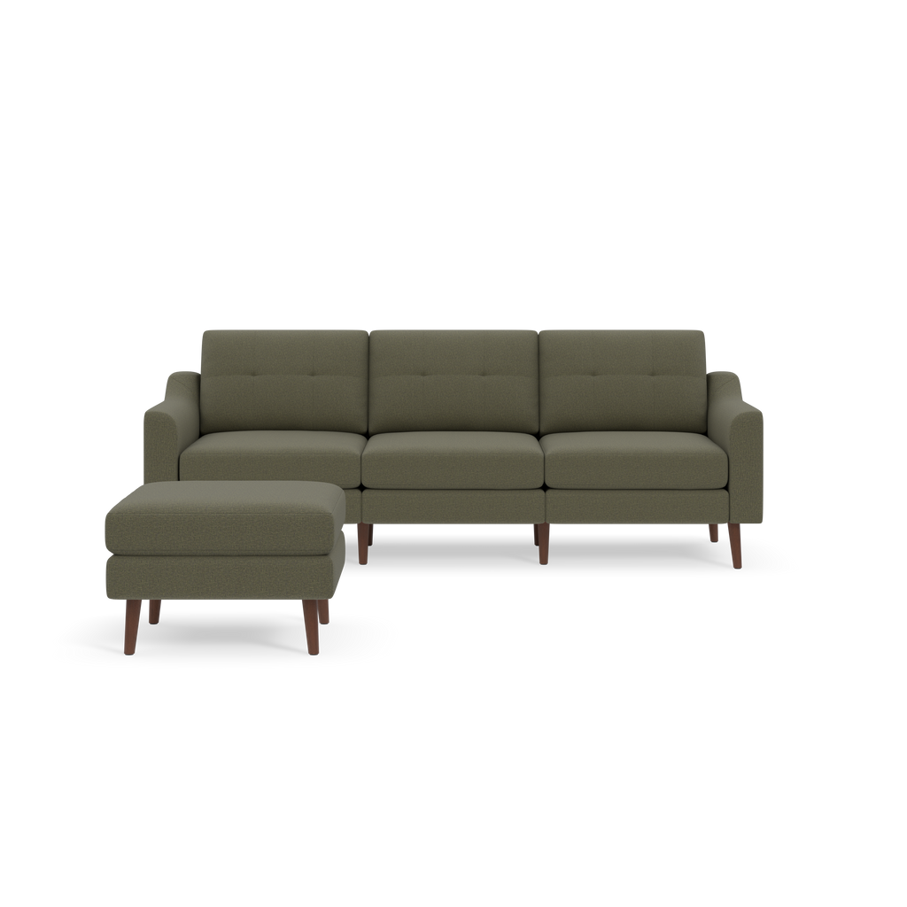 Moss green three-seat sofa with matching ottoman, featuring wooden legs and button-tufted cushions, modern design.
