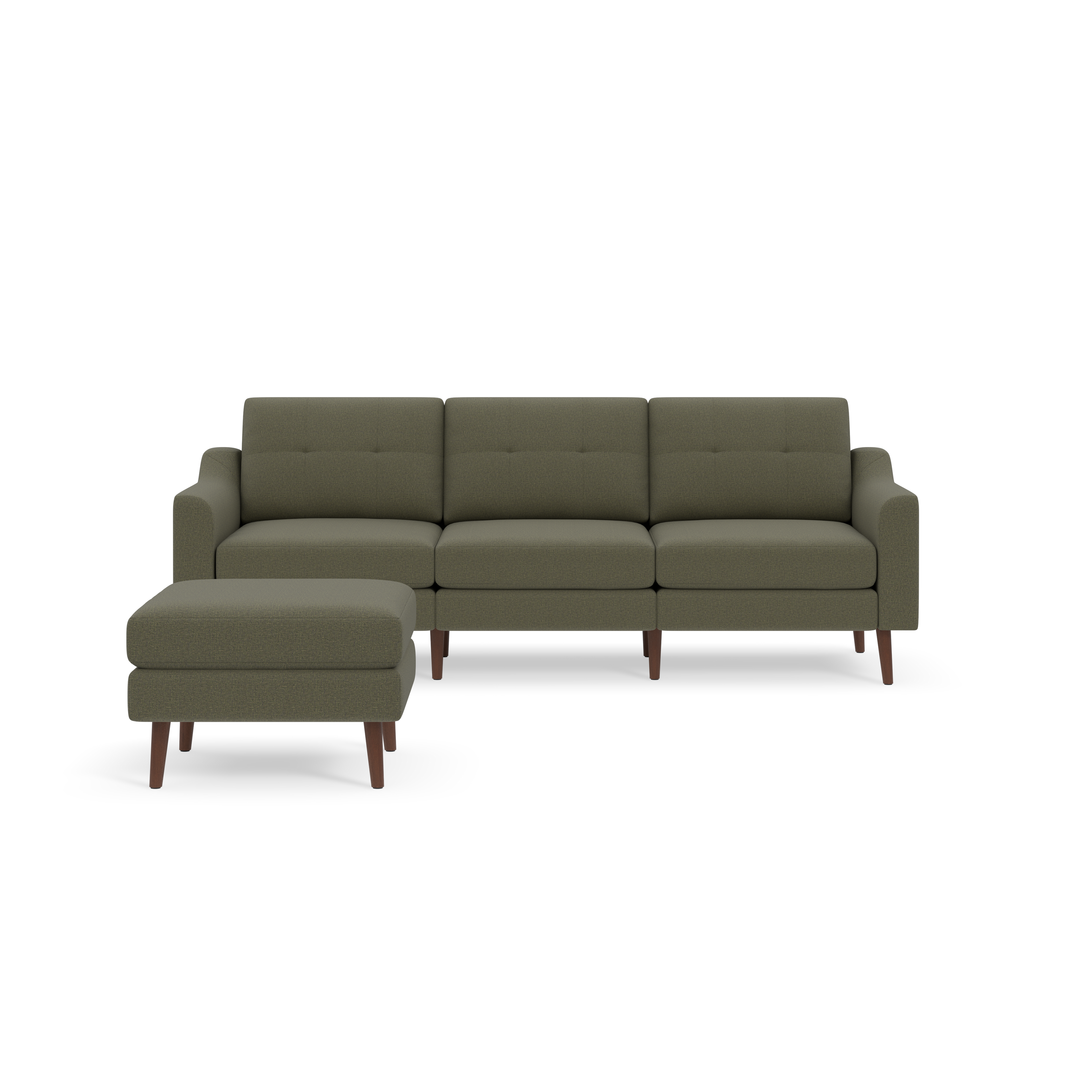 Moss green three-seat sofa with matching ottoman, featuring wooden legs and button-tufted cushions, modern design.