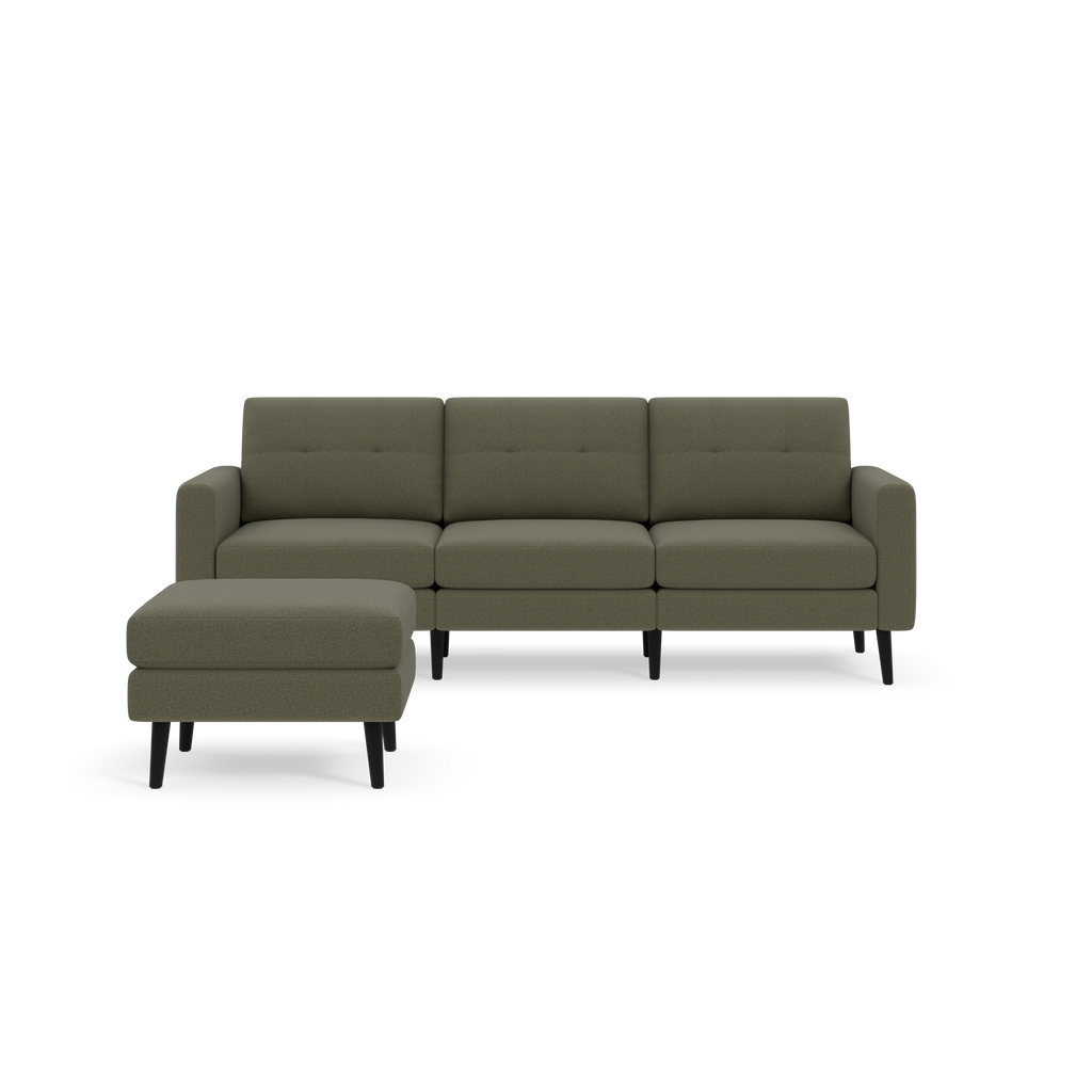 Three-seater modern sectional sofa with left-side chaise lounge, upholstered in Moss green fabric, featuring clean lines and black wooden legs.