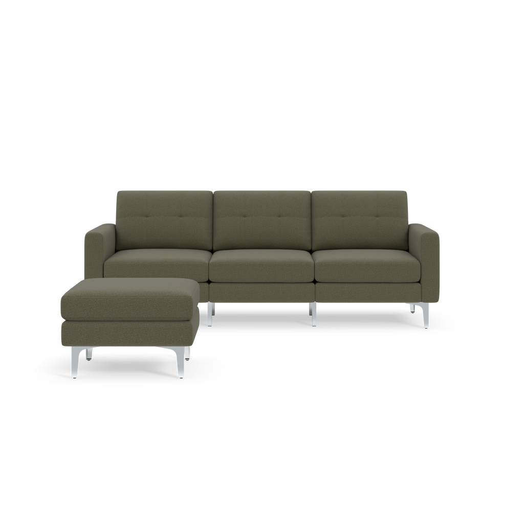 Three-seater Moss green sectional sofa with tufted back cushions and matching ottoman on silver metal legs.