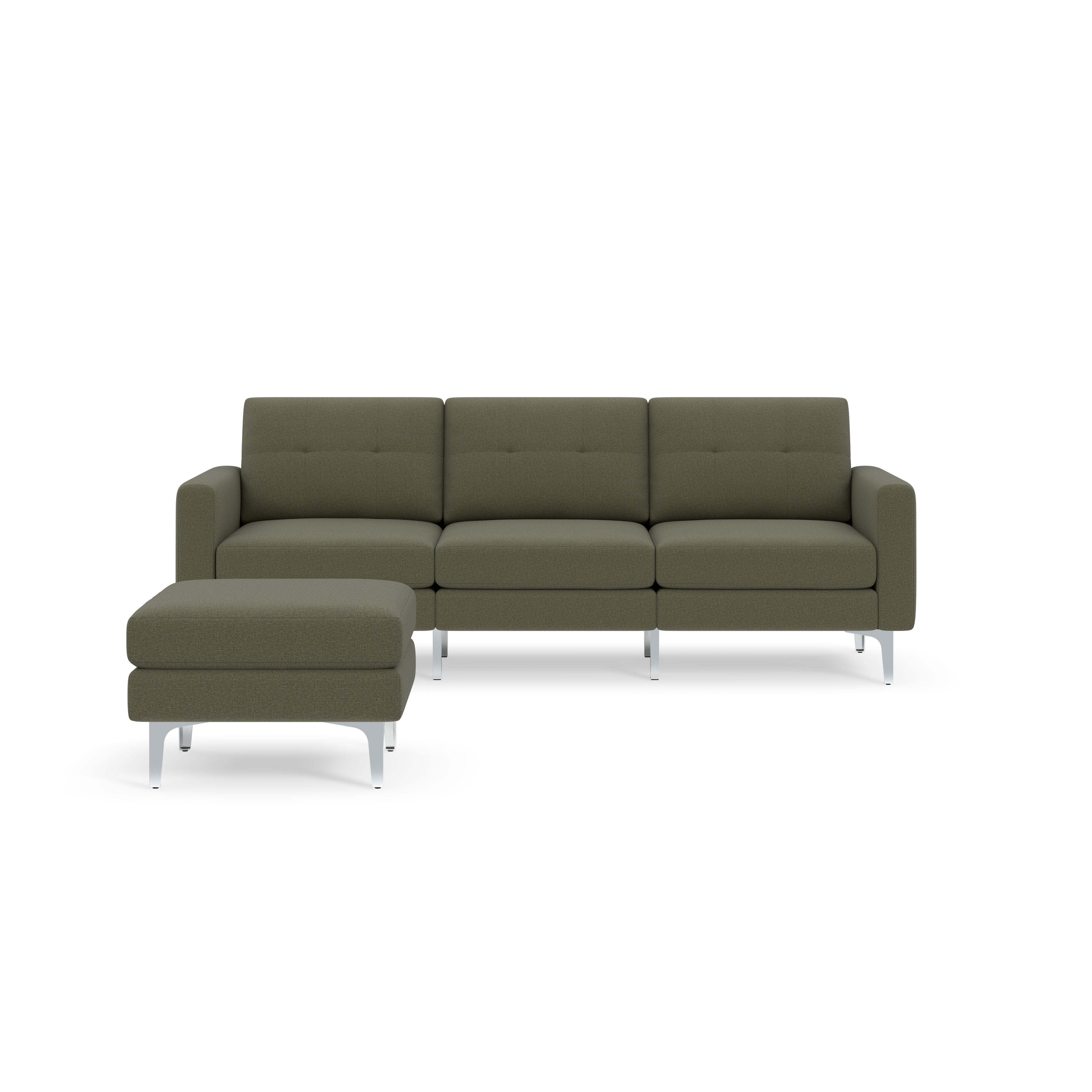 Three-seater Moss green sectional sofa with tufted back cushions and matching ottoman on silver metal legs.