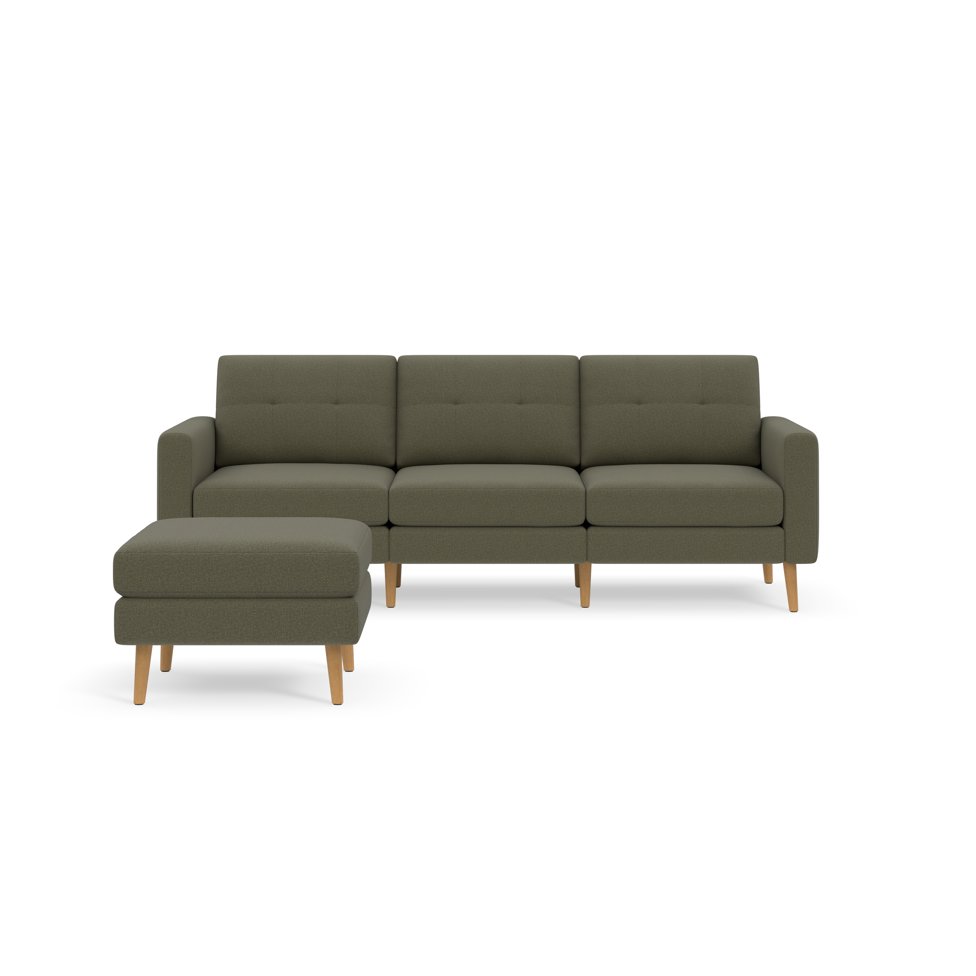 Modern Moss green sectional sofa with tufted cushions and wooden legs, paired with a matching ottoman, isolated on black background.