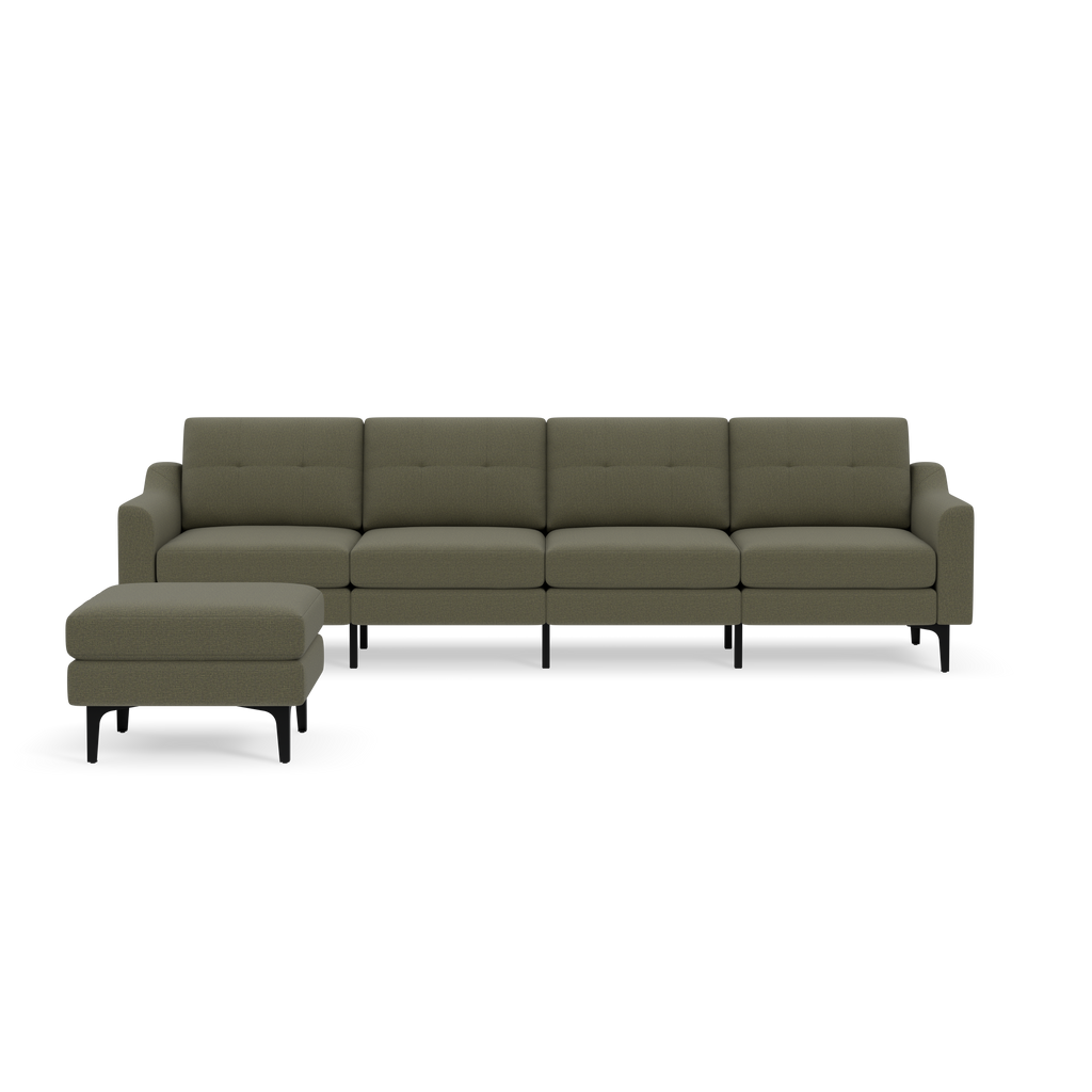 Modern Moss green upholstered sectional sofa with chaise lounge and black angled legs, designed for spacious living rooms.