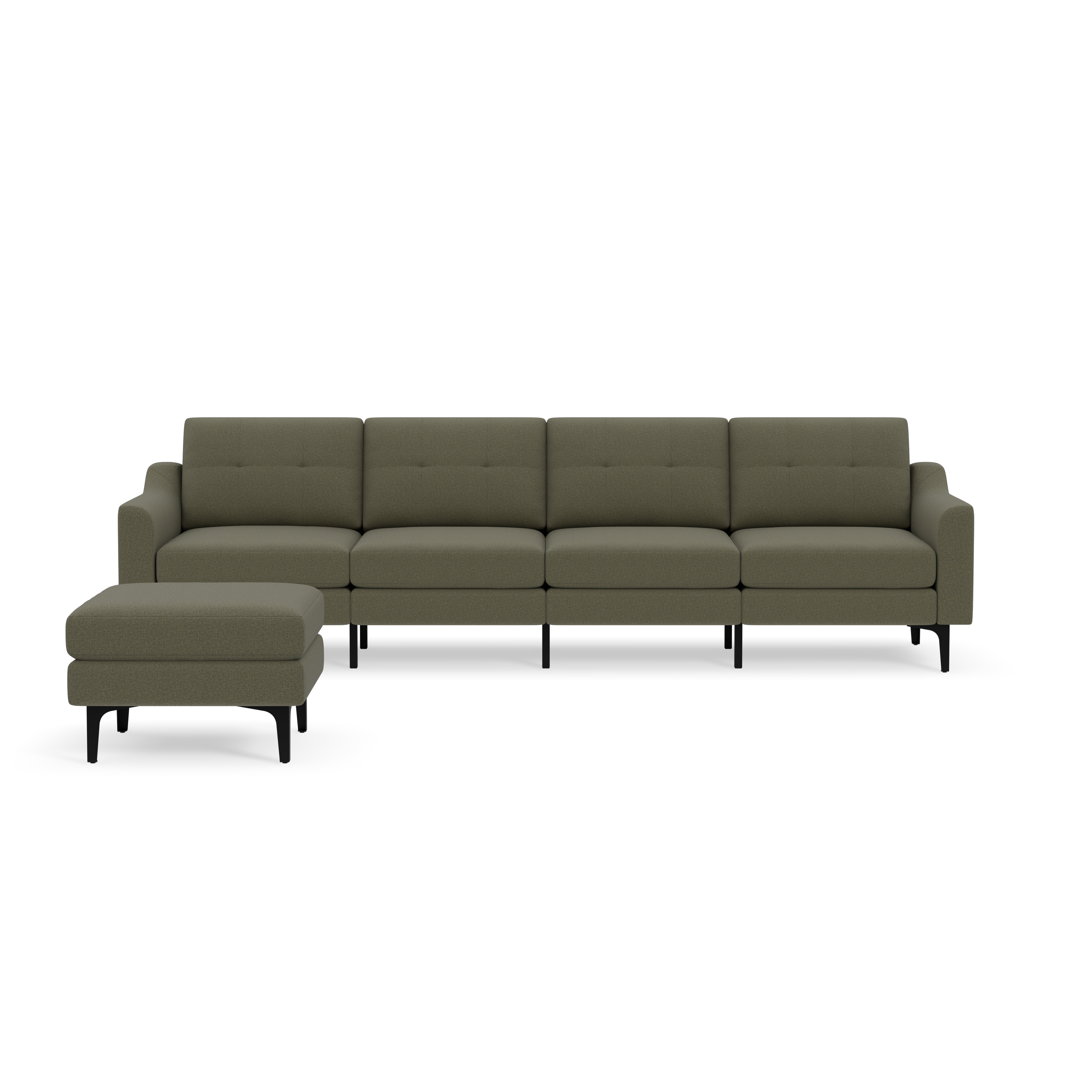 Modern Moss green upholstered sectional sofa with chaise lounge and black angled legs, designed for spacious living rooms.