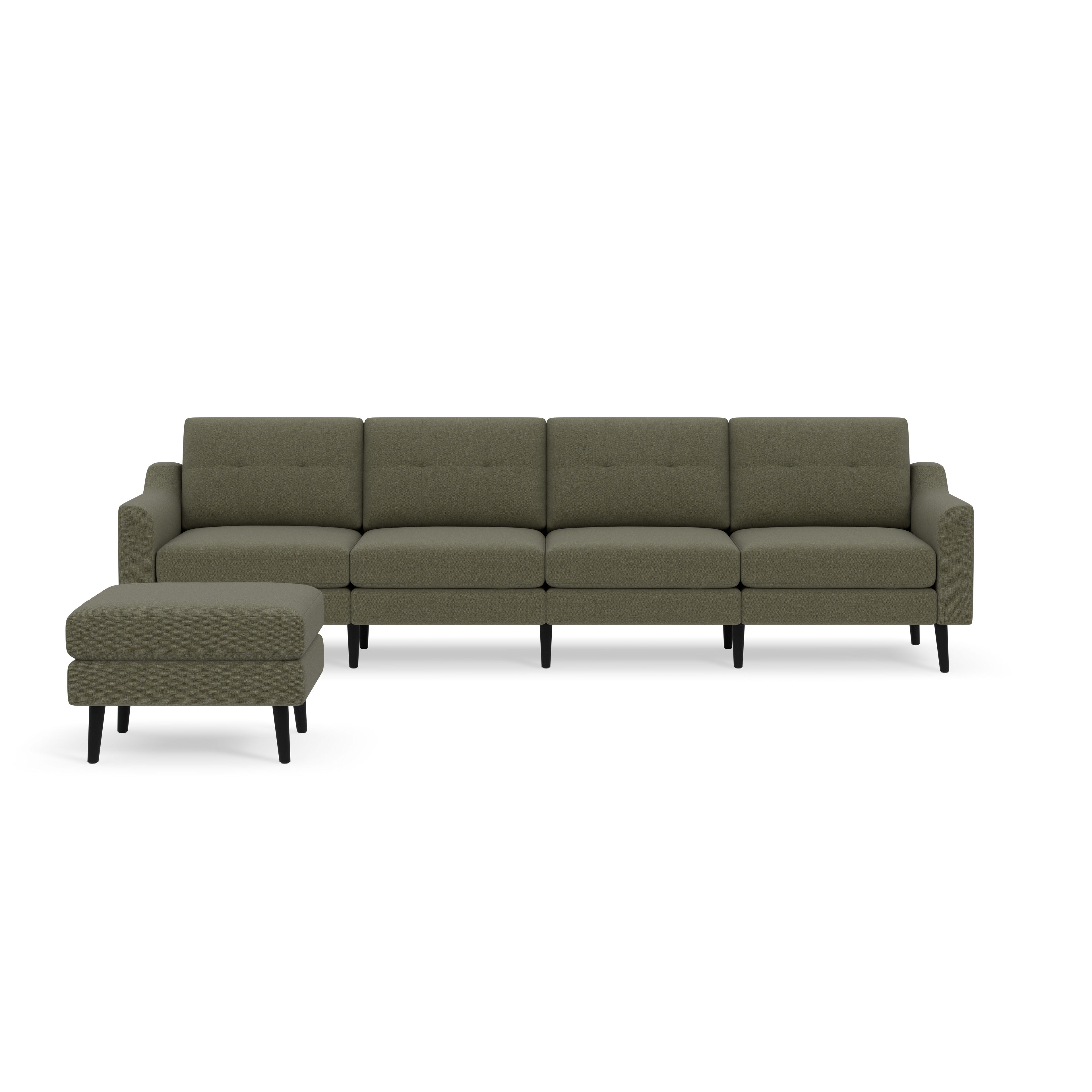 Modern Moss green textured fabric sectional sofa with tufted back cushions and separate matching ottoman on black legs.