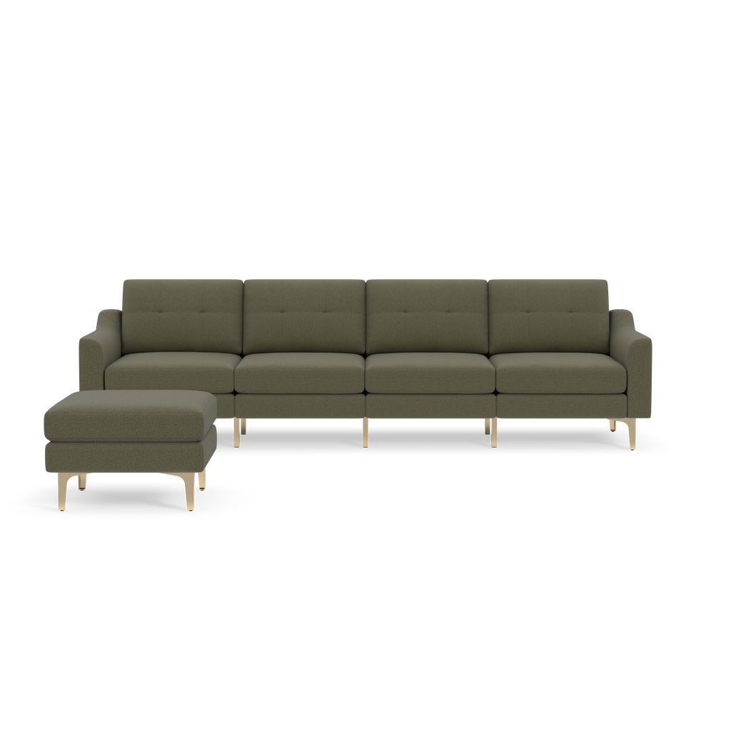 Modern Moss green sectional sofa with wooden legs and matching ottoman, featuring a tufted backrest and cushioned seats.
