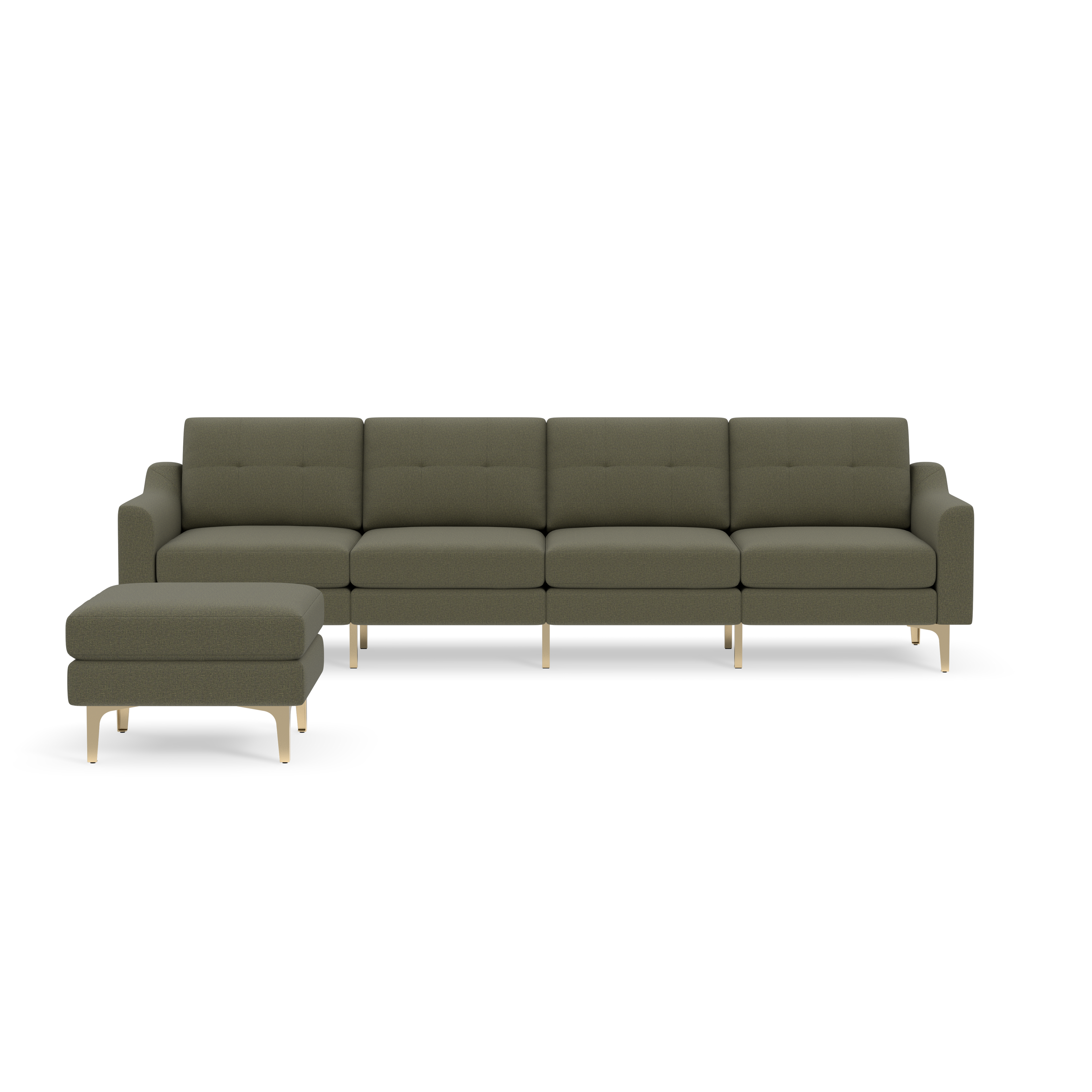 Modern Moss green sectional sofa with wooden legs and matching ottoman, featuring a tufted backrest and cushioned seats.