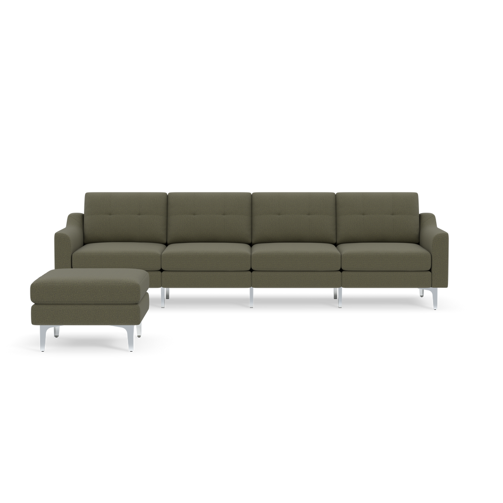 Modern Moss green four-seater sofa with matching ottoman, tufted cushions, and sleek silver metal legs on a black background.