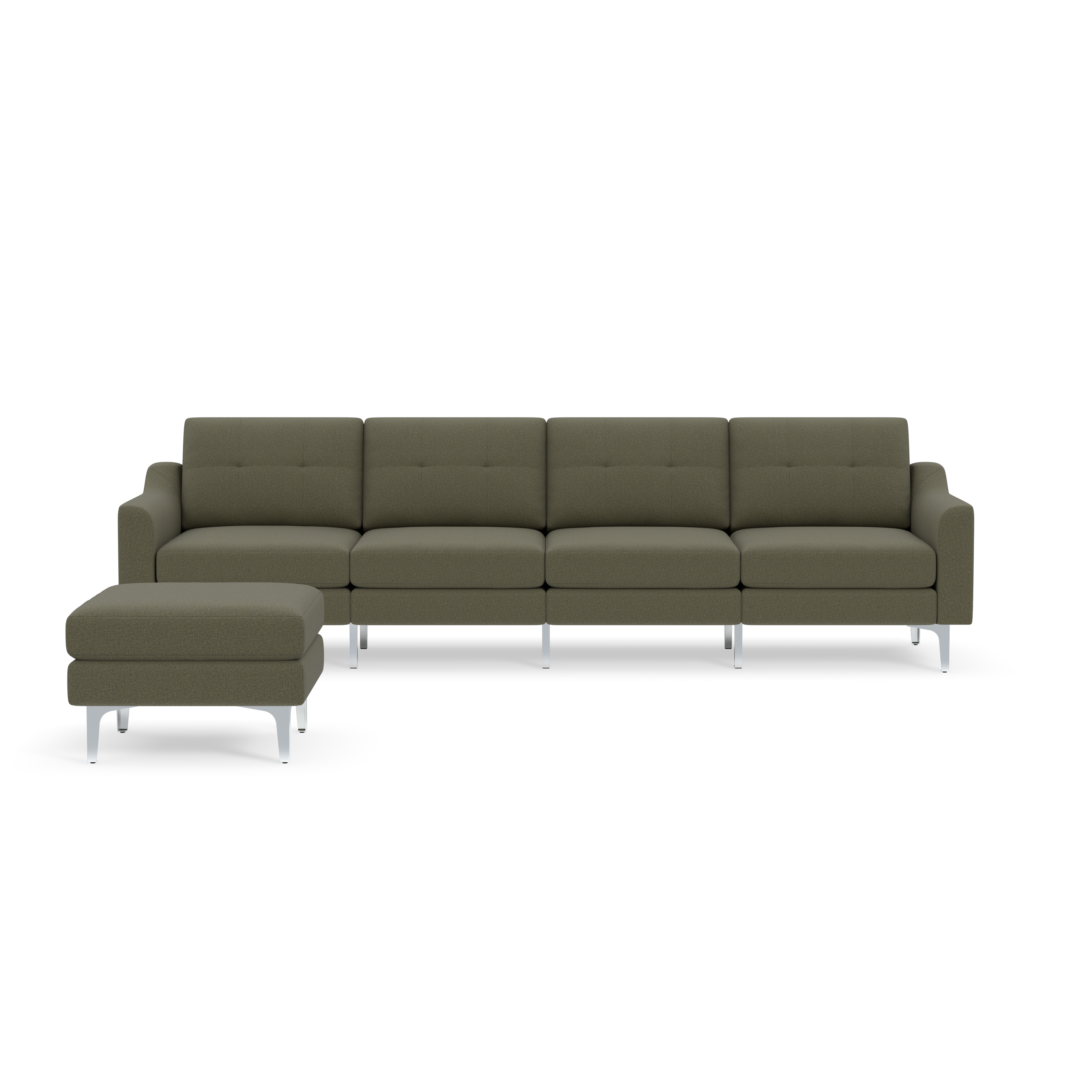Modern Moss green four-seater sofa with matching ottoman, tufted cushions, and sleek silver metal legs on a black background.