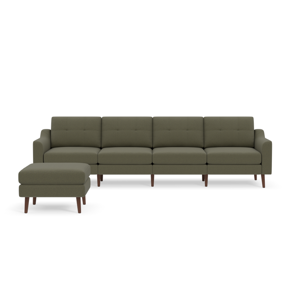 Four-seater Moss green fabric sofa with tufted backrests and matching ottoman, featuring wooden legs, isolated on black background.