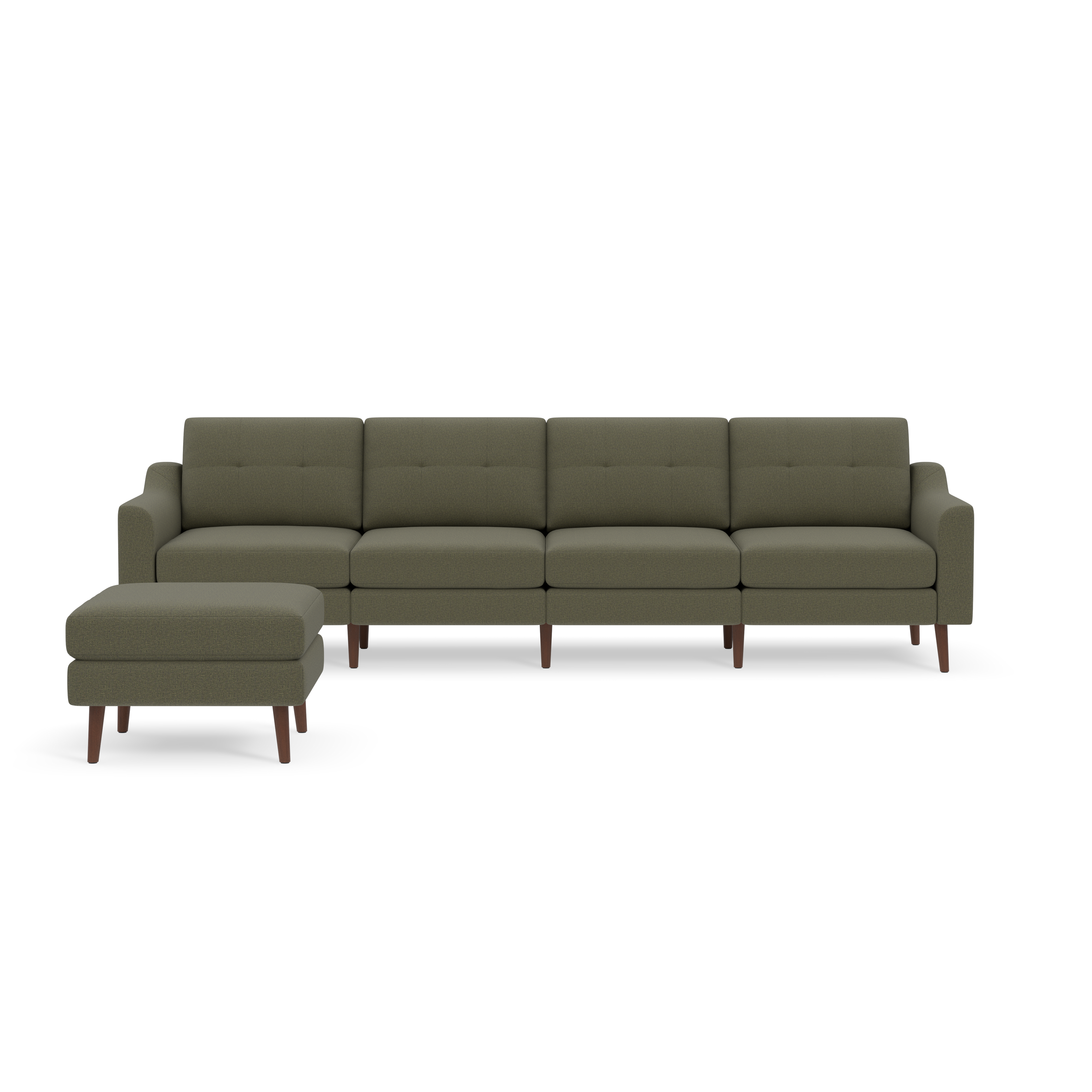 Four-seater Moss green fabric sofa with tufted backrests and matching ottoman, featuring wooden legs, isolated on black background.