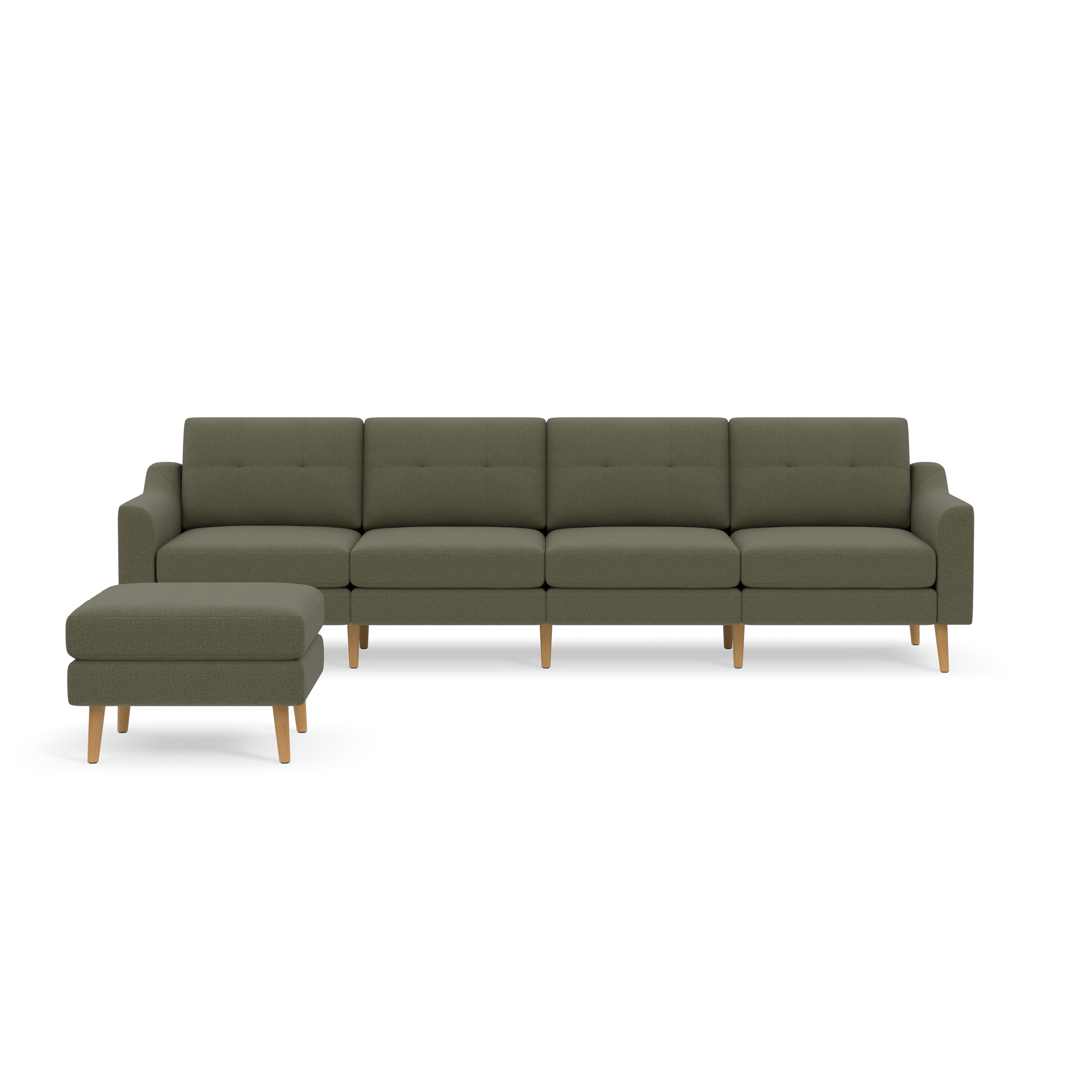 Sectional sofa in muted Moss green fabric with tufted back cushions and light wooden legs, accompanied by a matching ottoman.