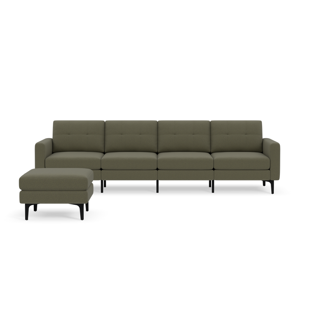 Modern Moss green fabric sectional sofa with tufted cushions and matching ottoman, featuring black tapered legs on black background.