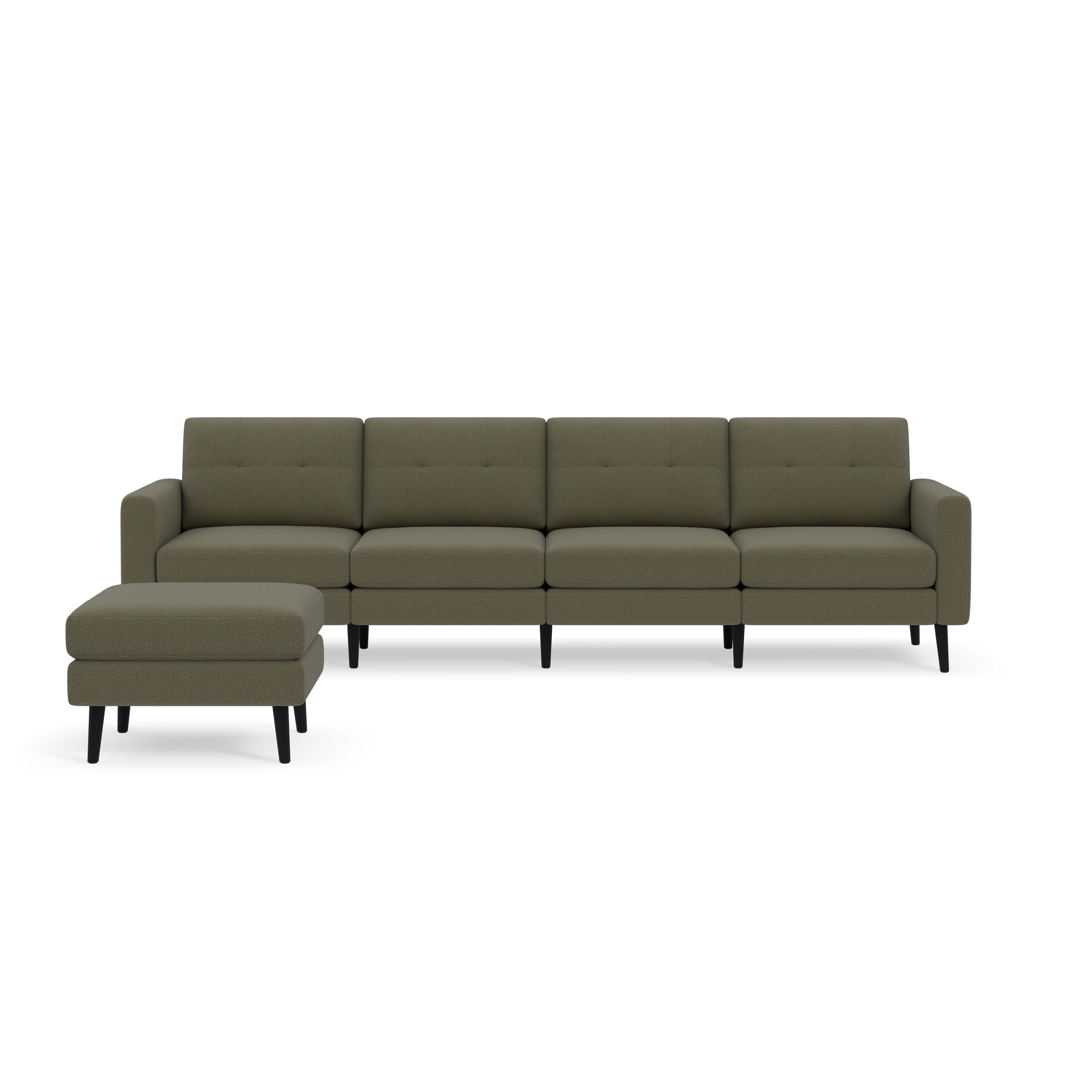 Modern Moss green sectional sofa with four seat cushions and a matching ottoman, set against a black background.