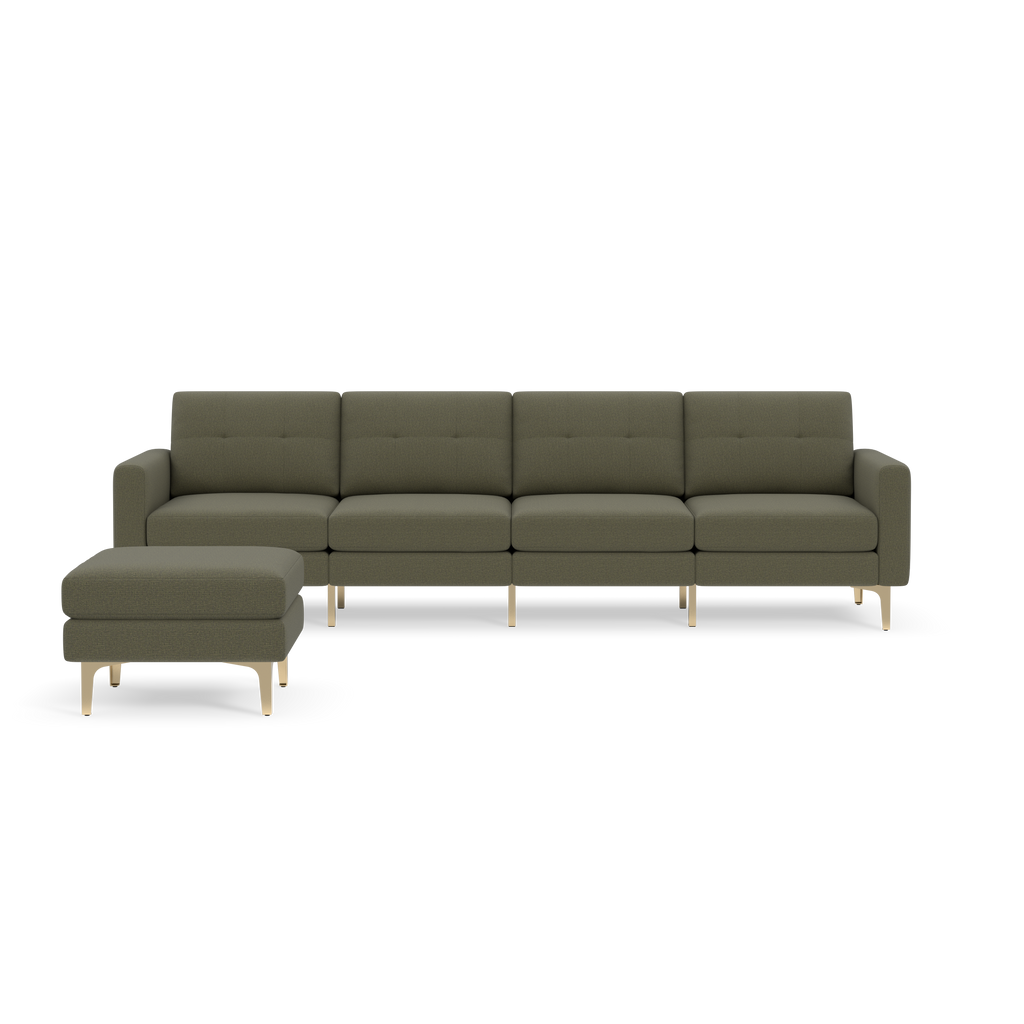 Modern Moss green fabric sectional sofa with tufted cushions, straight arms, and light wooden legs, shown with matching ottoman.