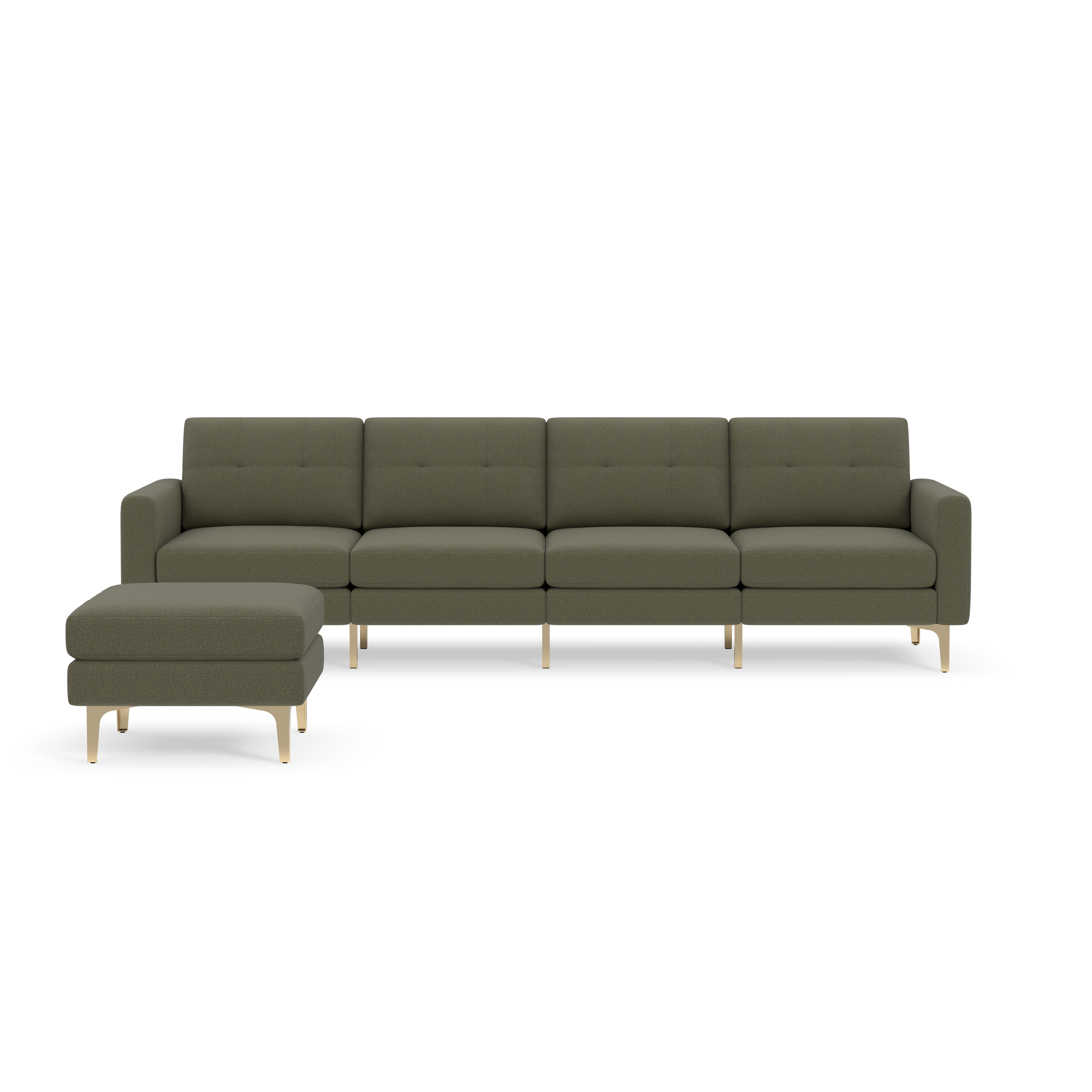 Modern Moss green fabric sectional sofa with tufted cushions, straight arms, and light wooden legs, shown with matching ottoman.
