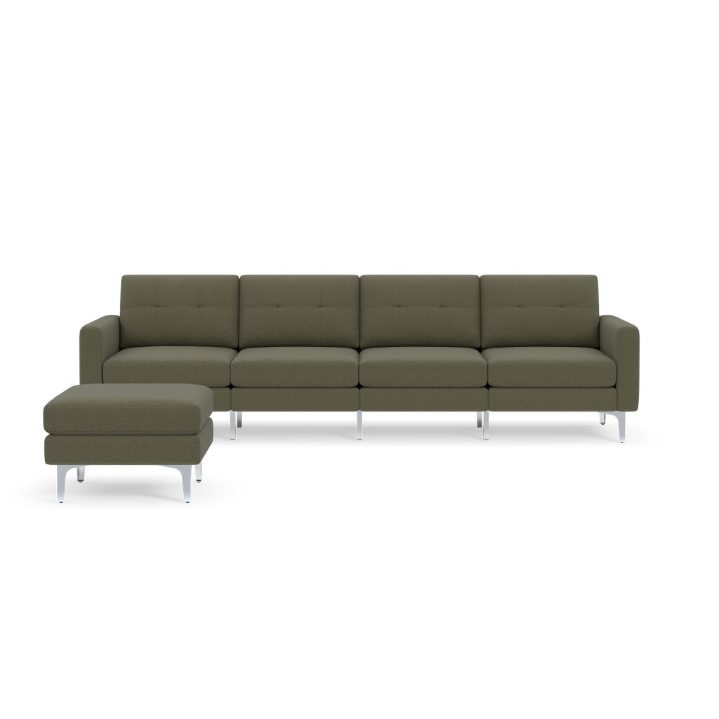 Modern Moss green fabric sectional sofa with left chaise and sleek silver metal legs, clean lines and tufted cushions.