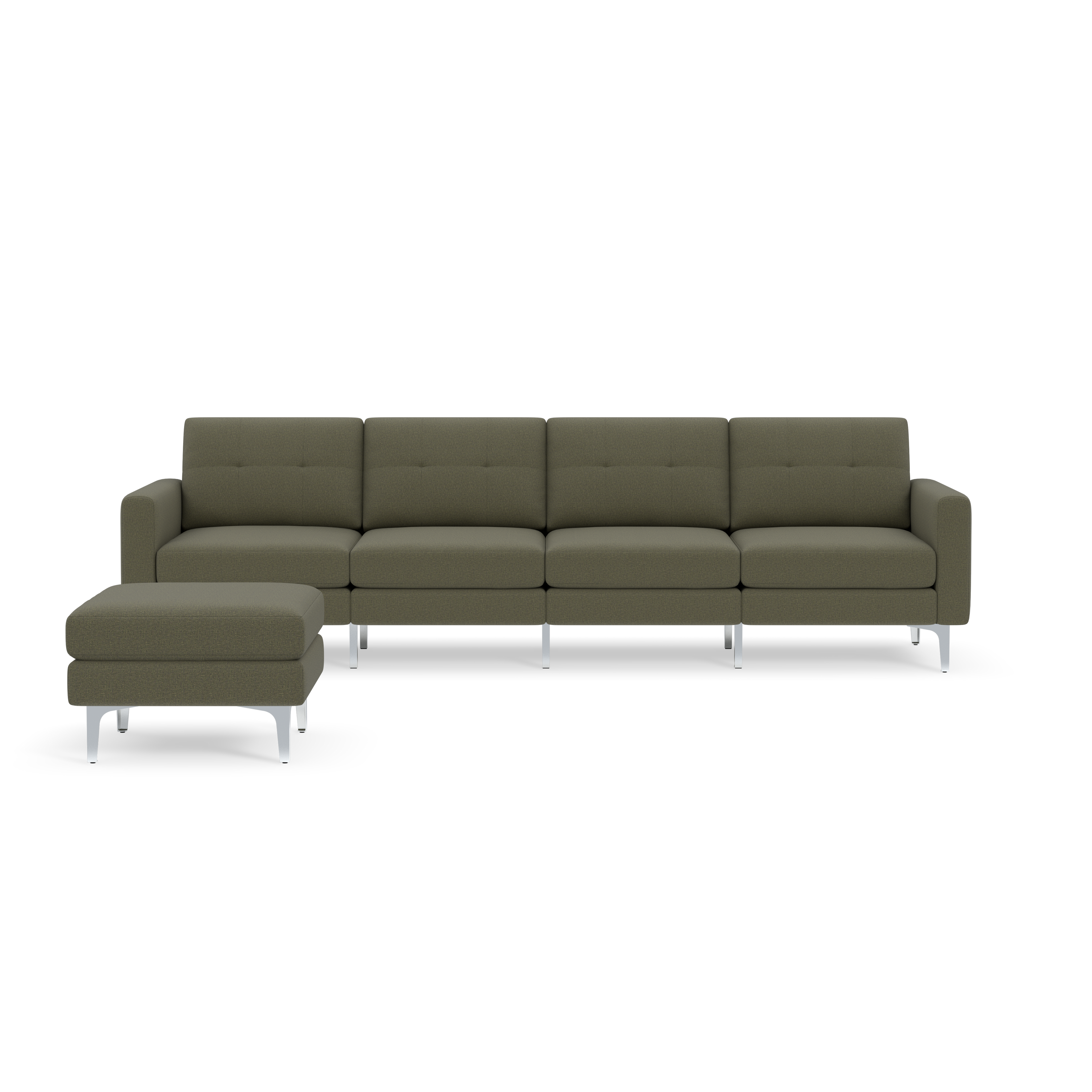 Modern Moss green fabric sectional sofa with left chaise and sleek silver metal legs, clean lines and tufted cushions.