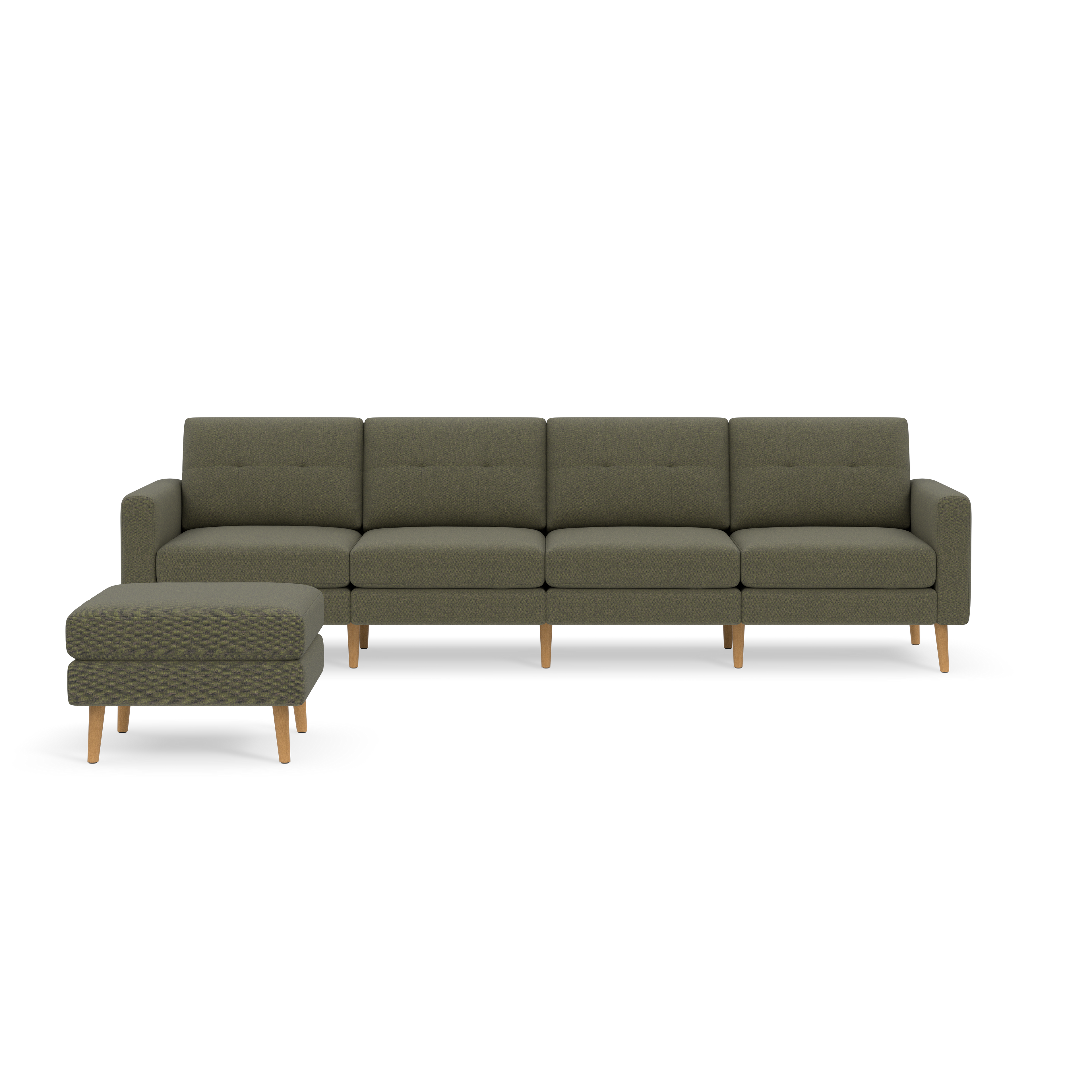 Modern Moss green fabric sectional sofa with wooden legs and matching ottoman on black background.