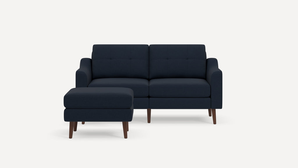 Nomad Plus Loveseat with Ottoman - Navy Blue - Performance Flatweave / Walnut - Wood / Slope Arm