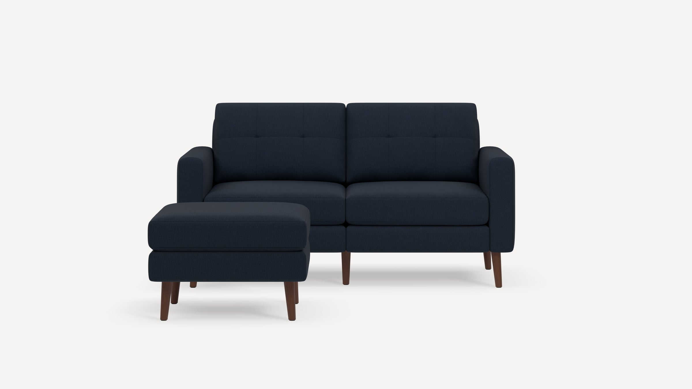 Nomad Plus Loveseat with Ottoman - Navy Blue - Performance Flatweave / Walnut - Wood / Block Arm