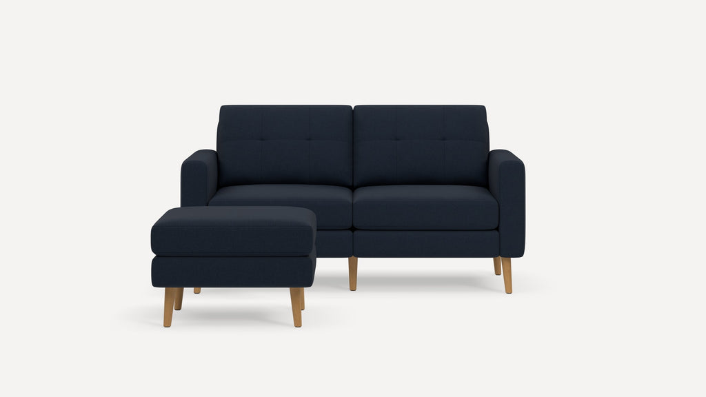 Nomad Plus Loveseat with Ottoman - Navy Blue - Performance Flatweave / Oak - Wood / Block Arm