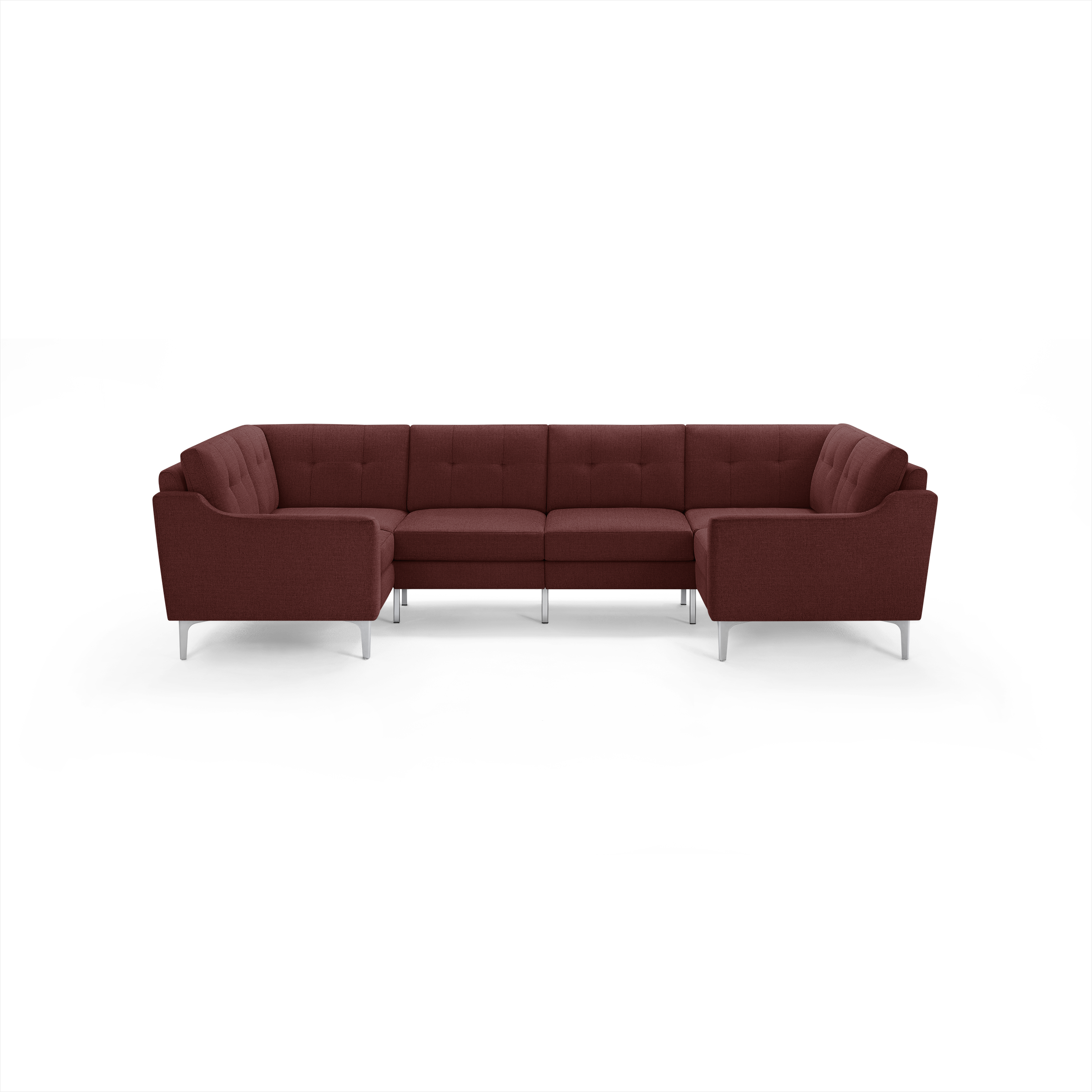 Modern deep red fabric sectional sofa with tufted cushions and sleek silver metal legs, designed for spacious living rooms.