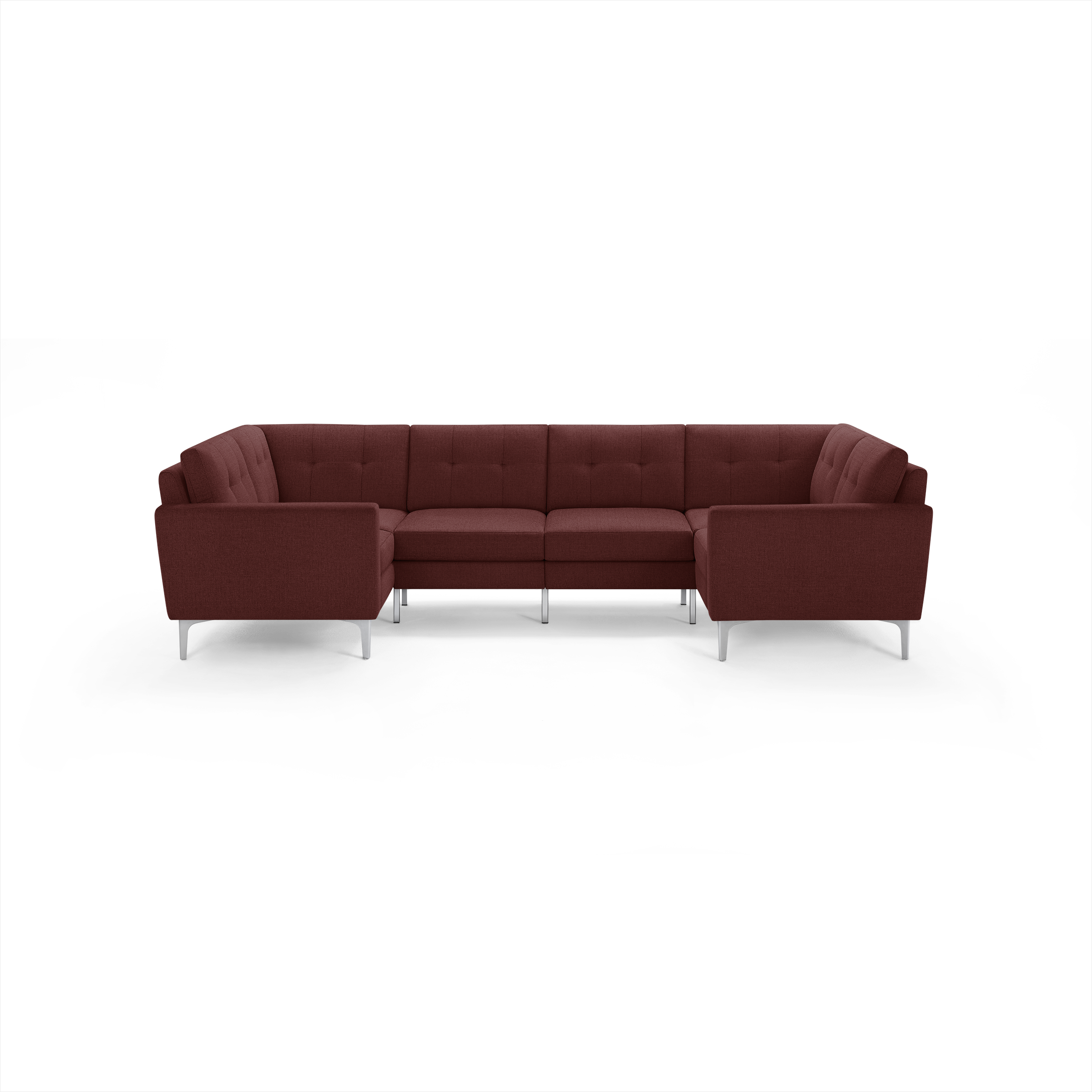 Upholstered L-shaped sectional sofa in deep burgundy with tufted back cushions and sleek metal legs, perfect for modern living rooms.