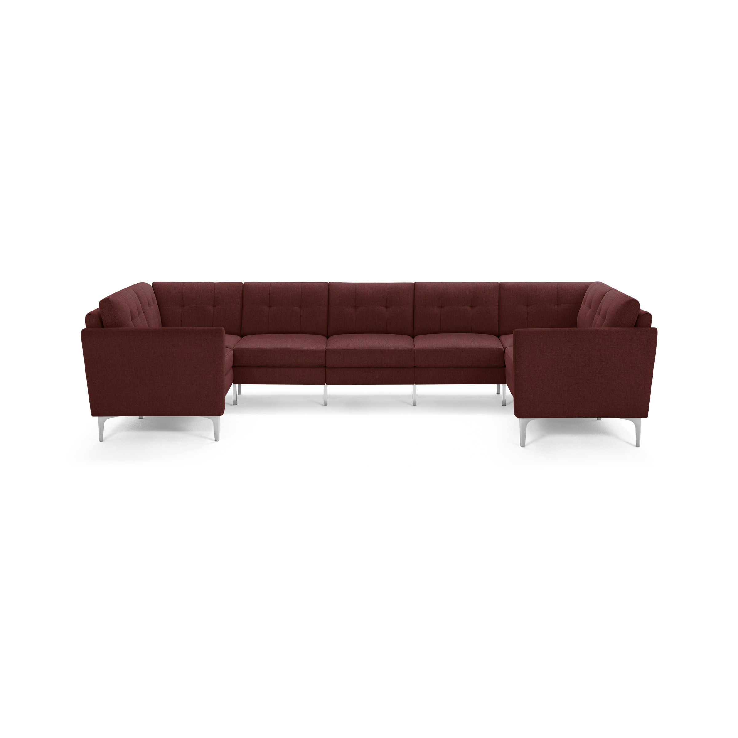 Modern L-shaped sectional sofa in dark red fabric with tufted cushions and sleek silver metal legs, isolated on white background.
