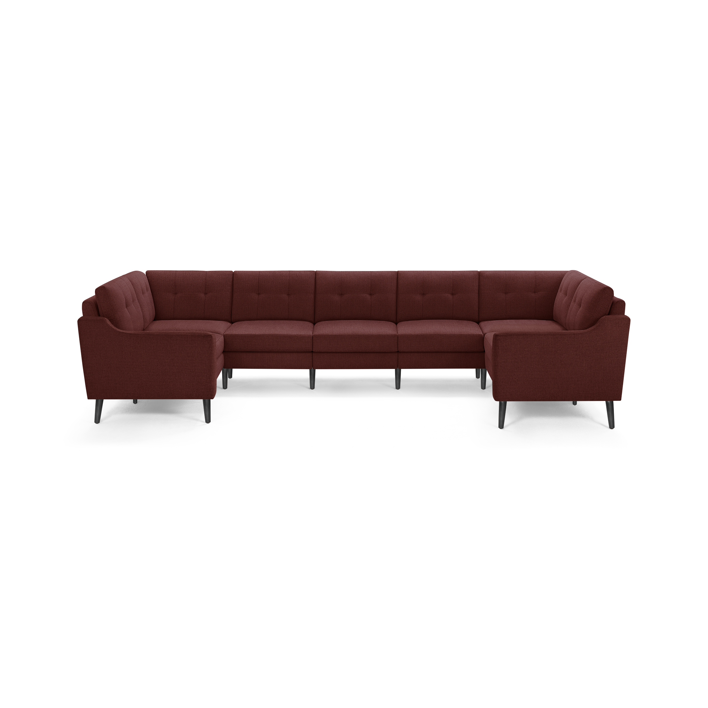 Large modern sectional sofa upholstered in deep burgundy fabric with button-tufted back cushions and black tapered legs.