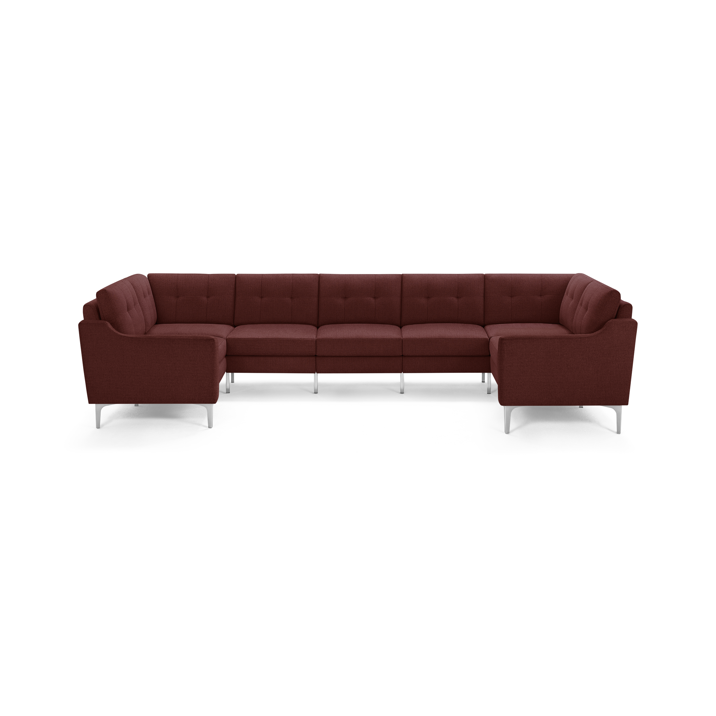 Large deep red L-shaped sectional sofa with tufted back cushions and sleek silver metal legs on a white background.
