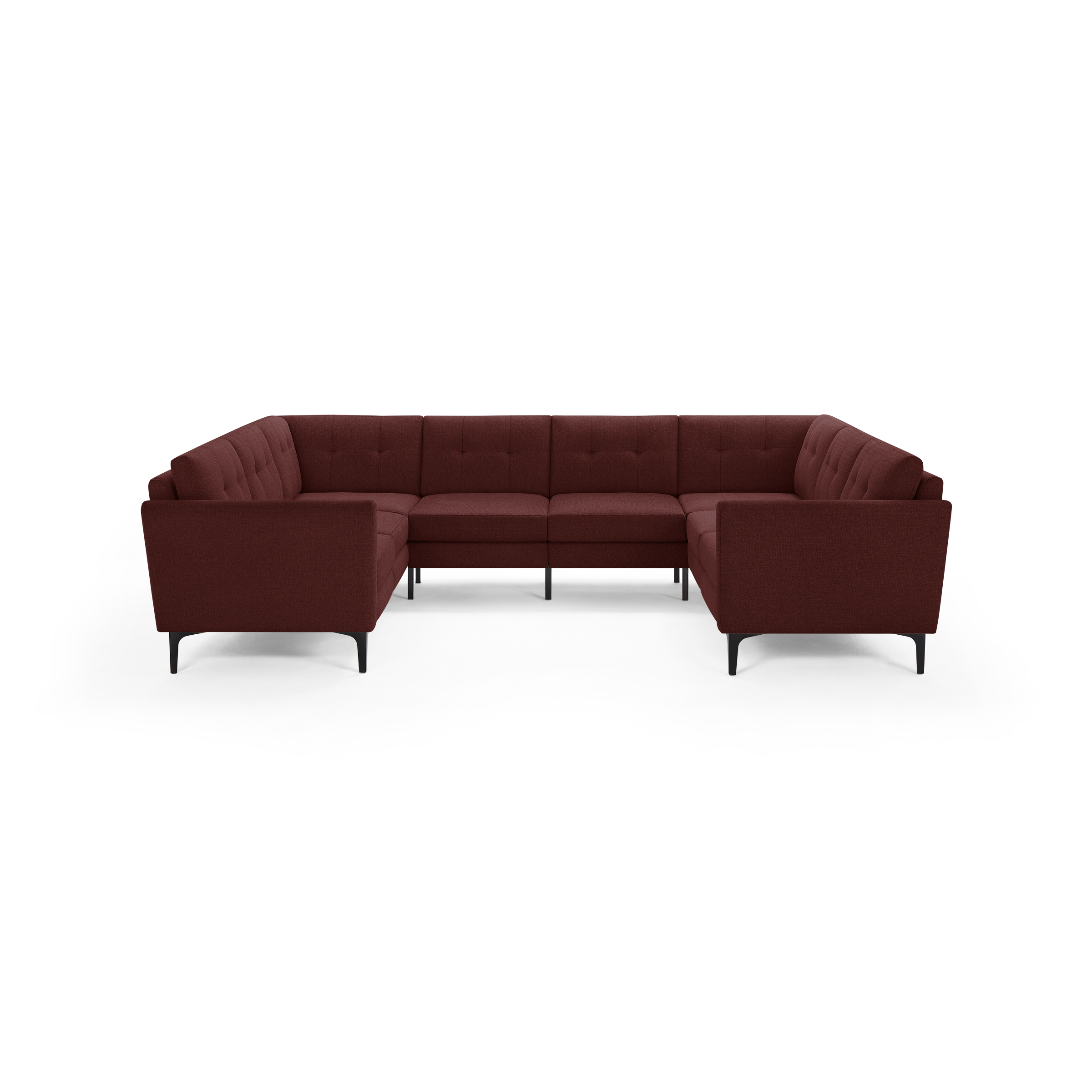 U-shaped sectional sofa in rich burgundy fabric with tufted cushioning and slim black metal legs, designed for spacious seating.
