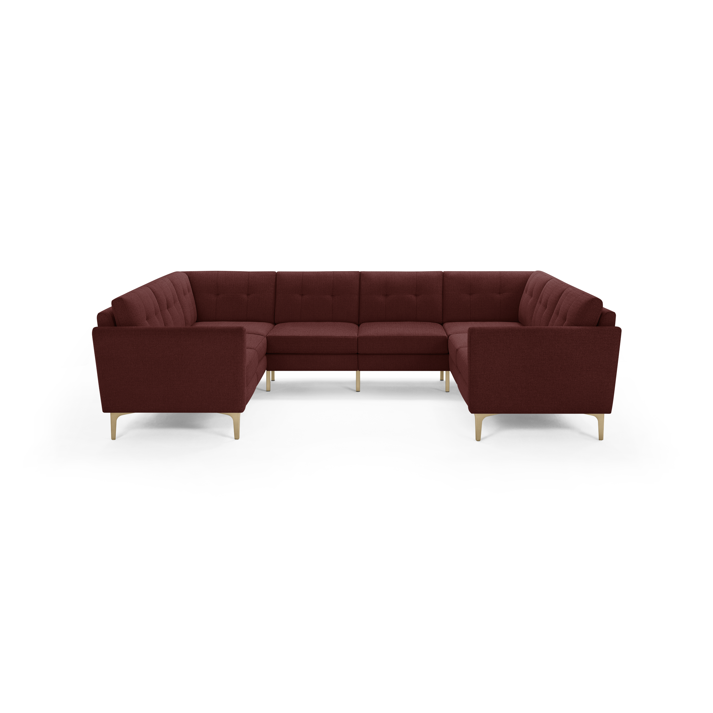 Spacious L-shaped sectional sofa in deep burgundy fabric with tufted cushions and light wooden legs, offering modern comfort and style.