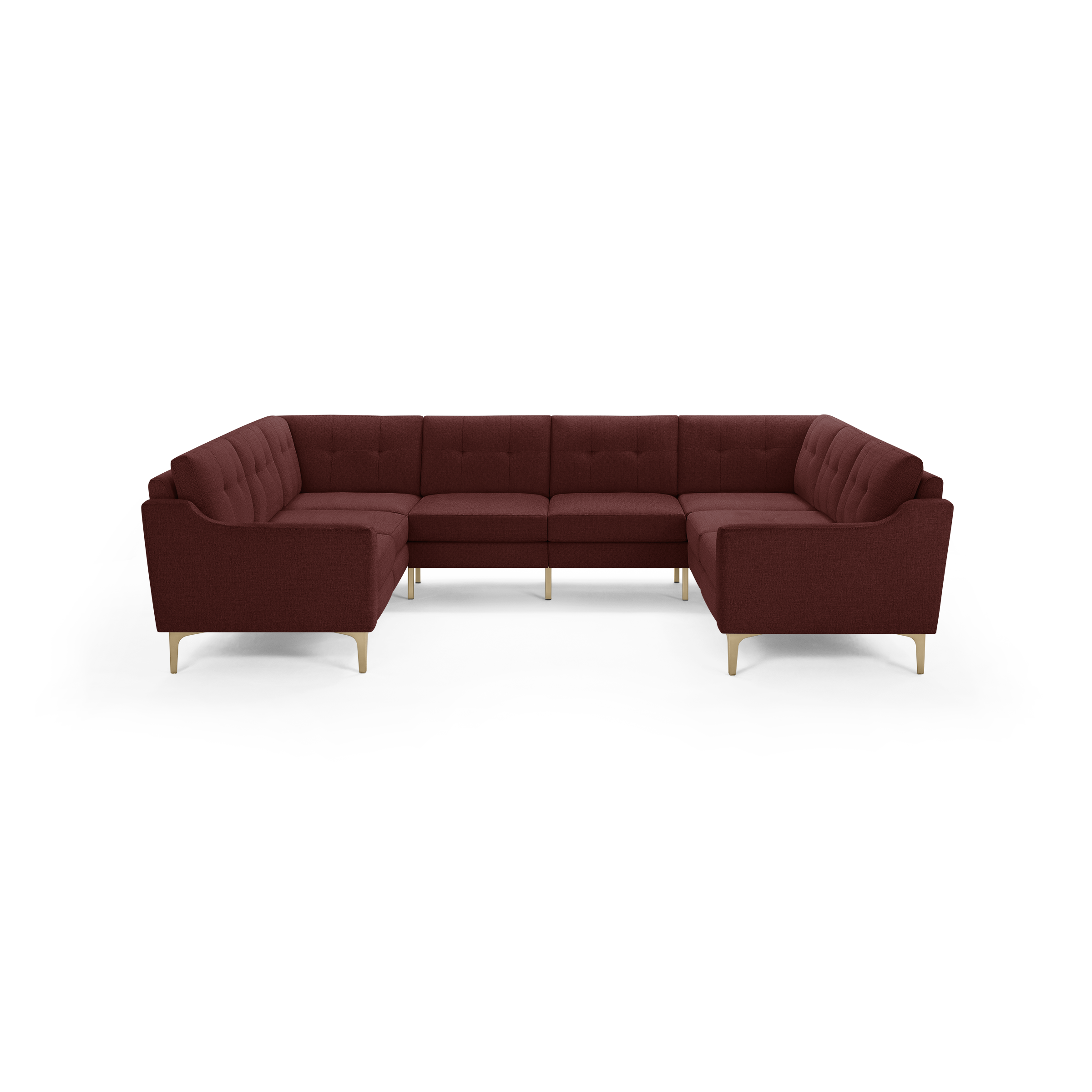 Large U-shaped sectional sofa with deep reddish-brown fabric upholstery, tufted back cushions, and light wooden legs.